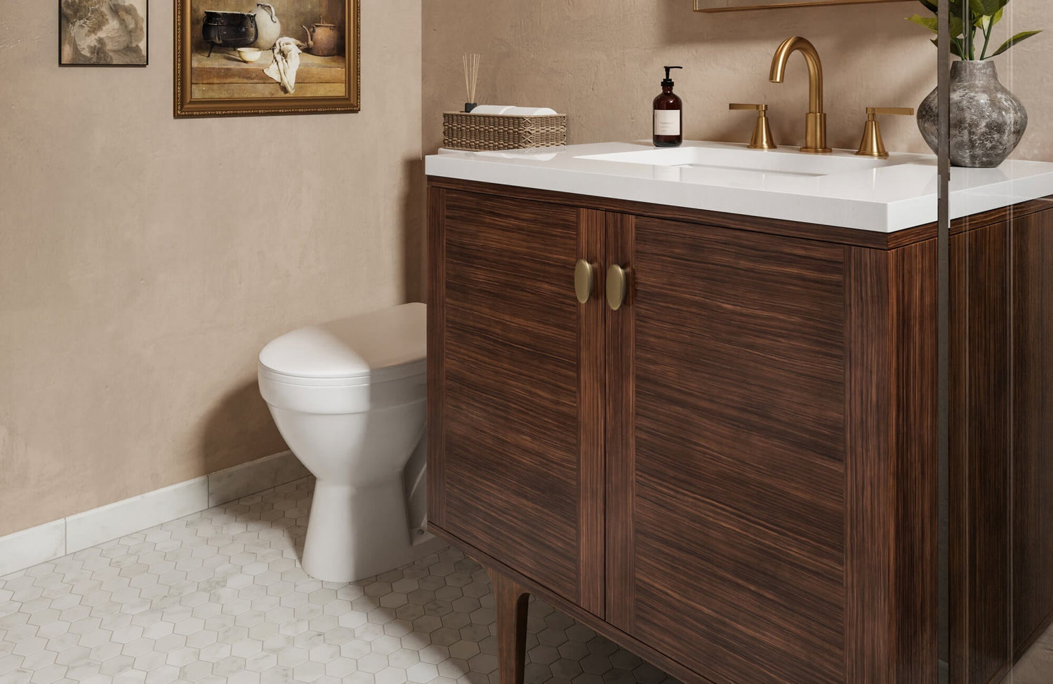 White marble look hexagon tile floor paired with a rich wood vanity and brushed brass fixtures for a warm, refined bathroom look.