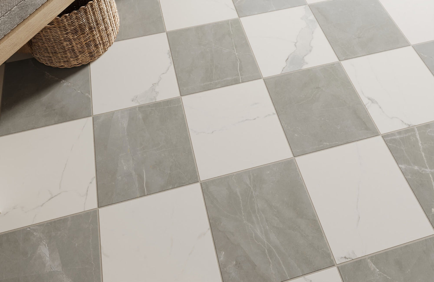Elegant checkerboard floor featuring alternating white and gray marble-look tiles with subtle veining for a timeless, refined finish.