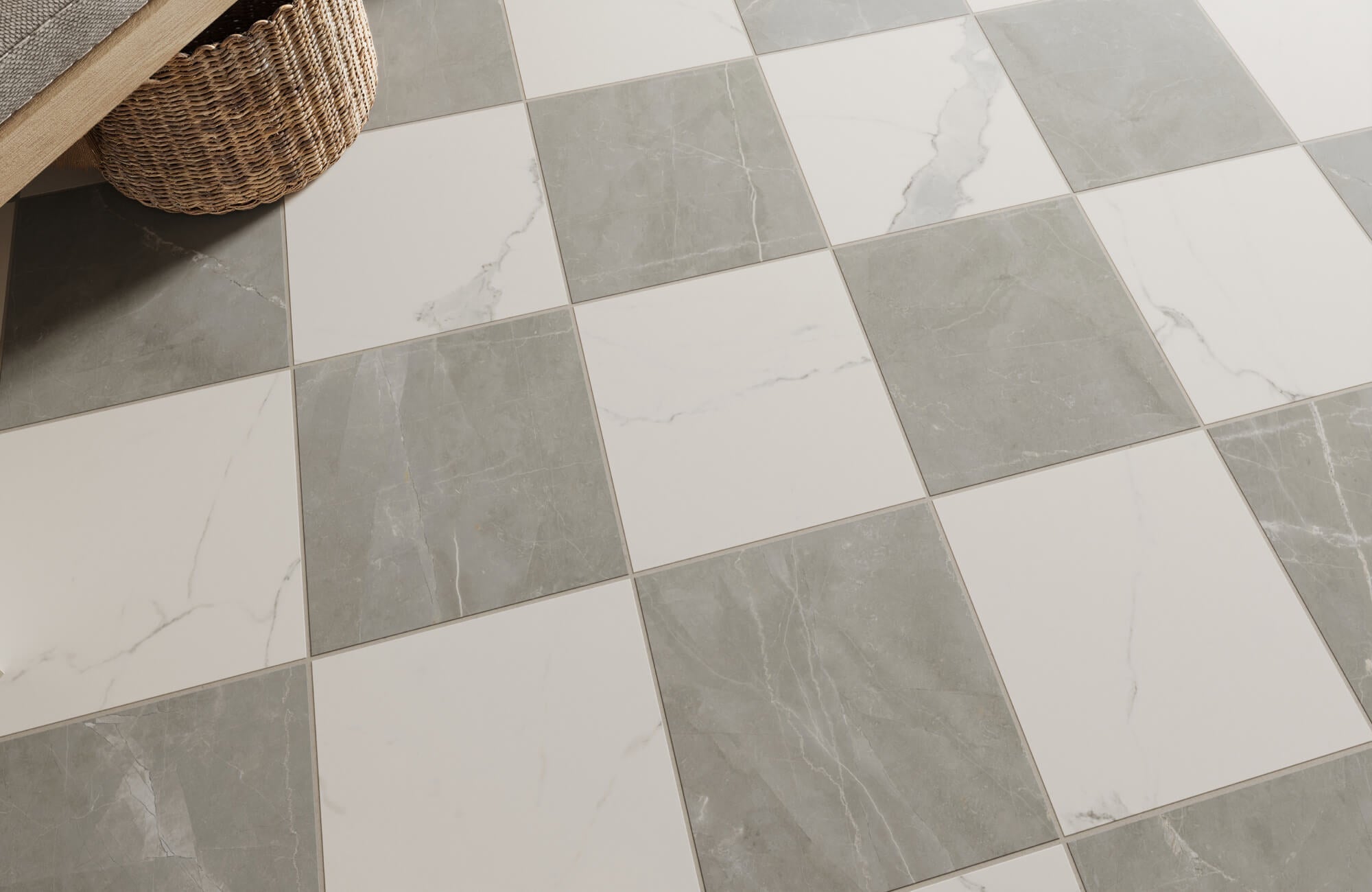 Elegant checkerboard floor featuring alternating white and gray marble-look tiles with subtle veining for a timeless, refined finish.