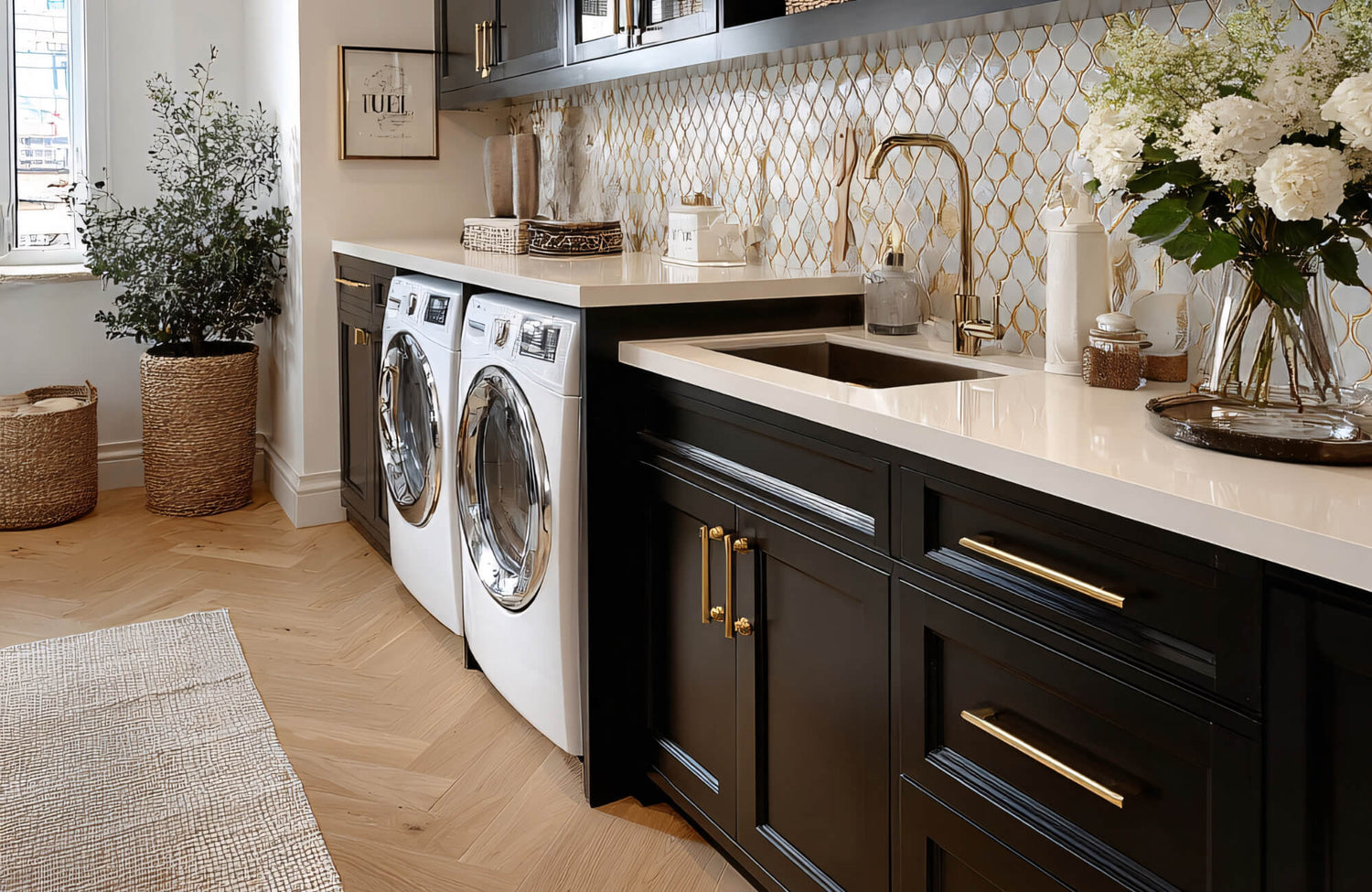 Laundry room with light wood herringbone floors, black cabinetry, brass hardware, and patterned backsplash creating a refined, modern look.