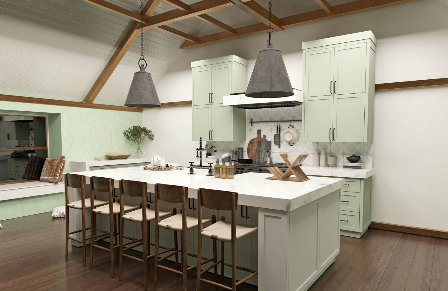 A bright kitchen with mint cabinets and large cone pendant lights hanging over a spacious white island with wooden barstools.