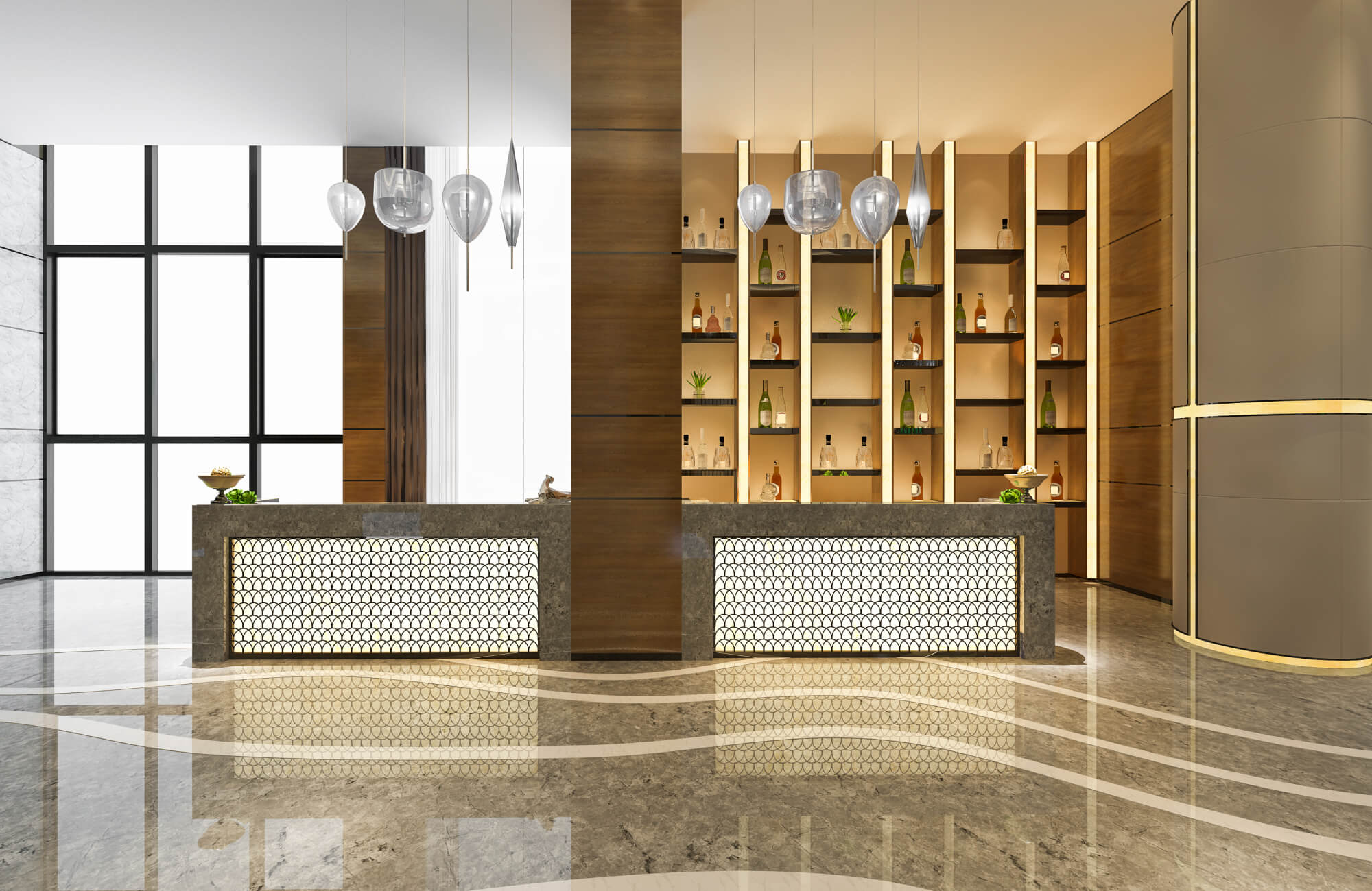 Elegant bar area with illuminated counters, polished marble flooring, and backlit wooden shelves showcasing a curated selection of bottles.