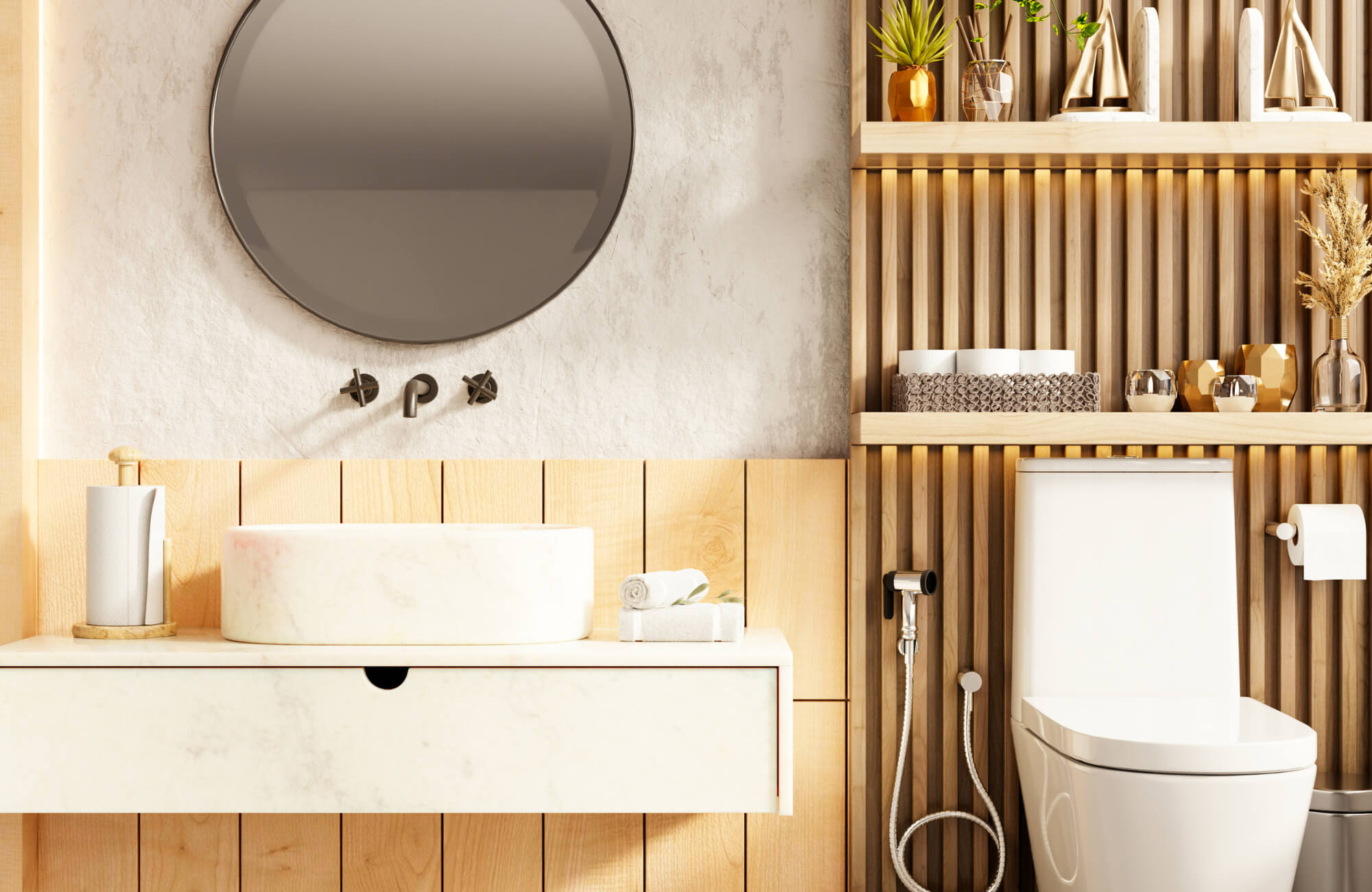 Oval wall mirror above a modern bathroom vanity with light wood paneling, open shelving, and warm accents that soften clean, sharp lines.