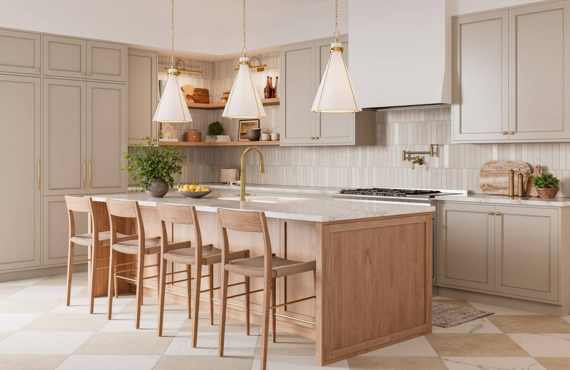 Transitional kitchen with cone pendant lights, brass fixtures, light wood accents, and a large island with seating and neutral cabinetry.