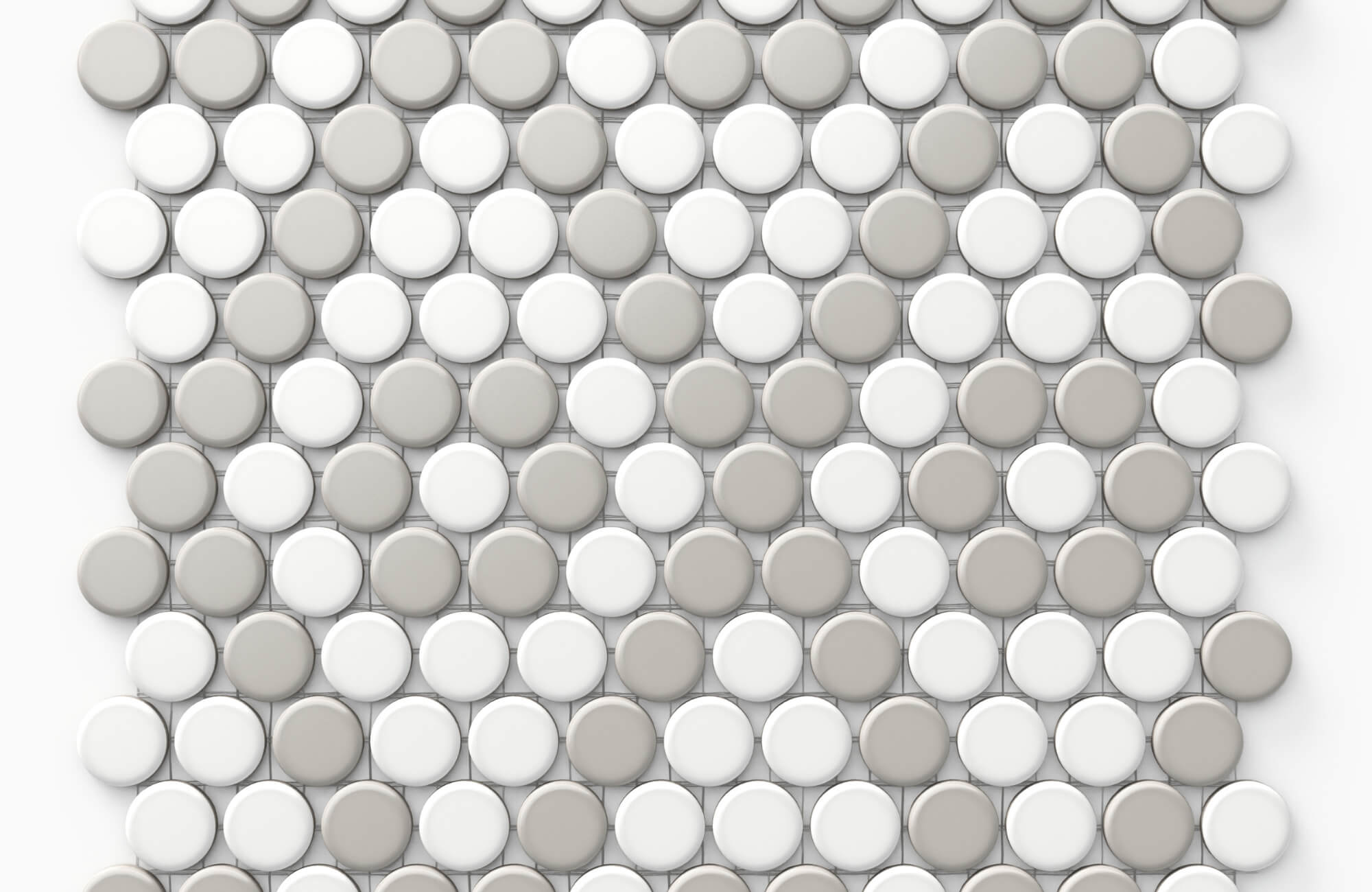 Close-up view of white and light gray penny tiles arranged in a circular mosaic pattern on mesh backing.