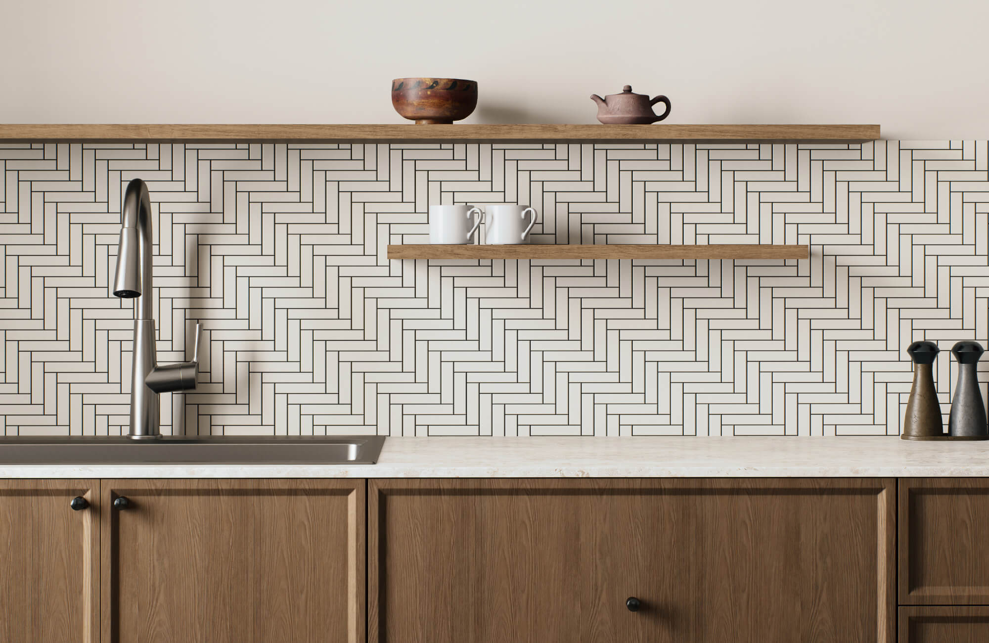 Modern kitchen with a white herringbone subway tile backsplash, wood cabinetry, open shelves, and a stainless-steel faucet over a sleek sink.