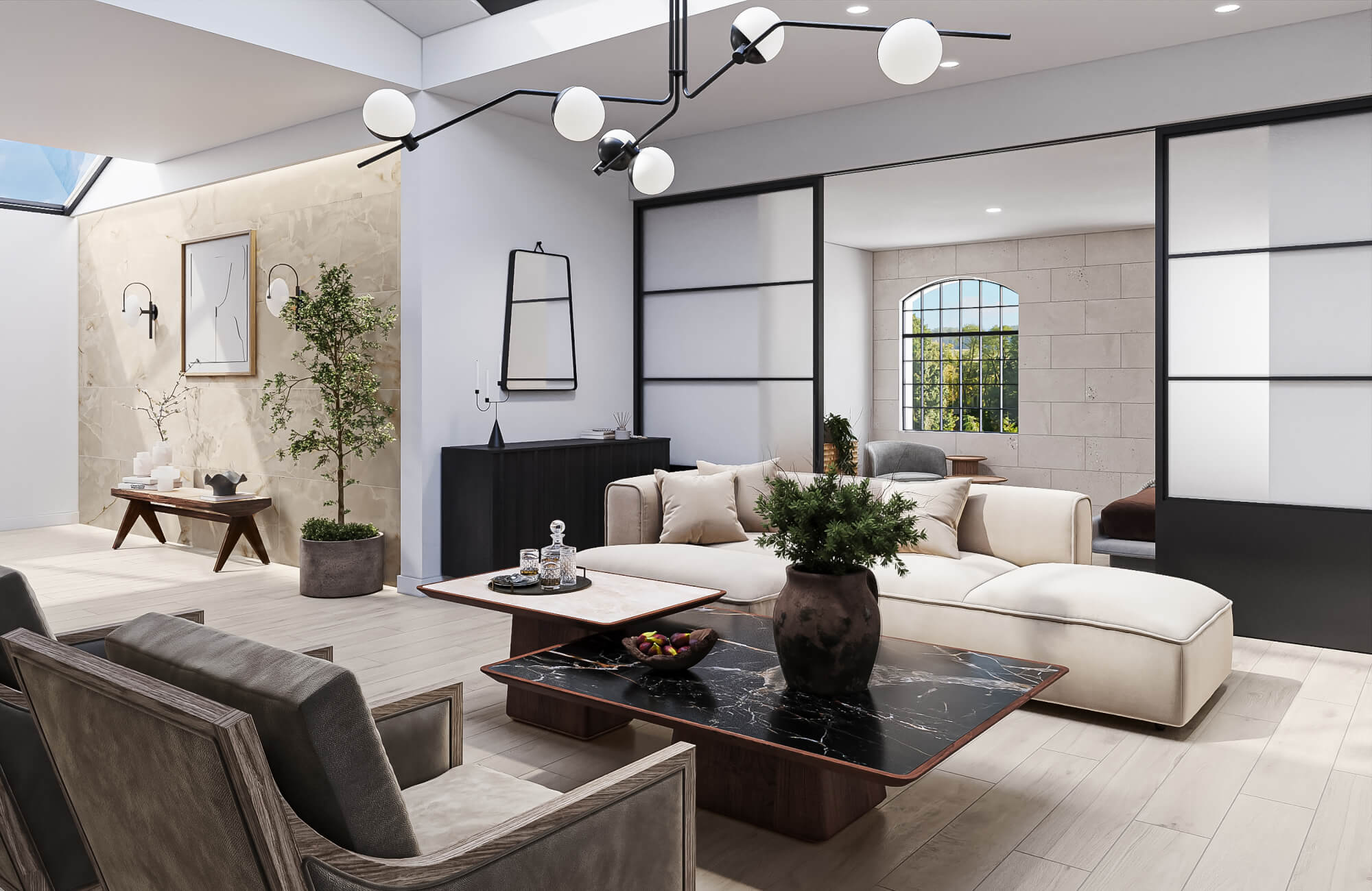 Open concept living space with light beige wood look tiles, featuring soft tones that complement neutral seating and decor.