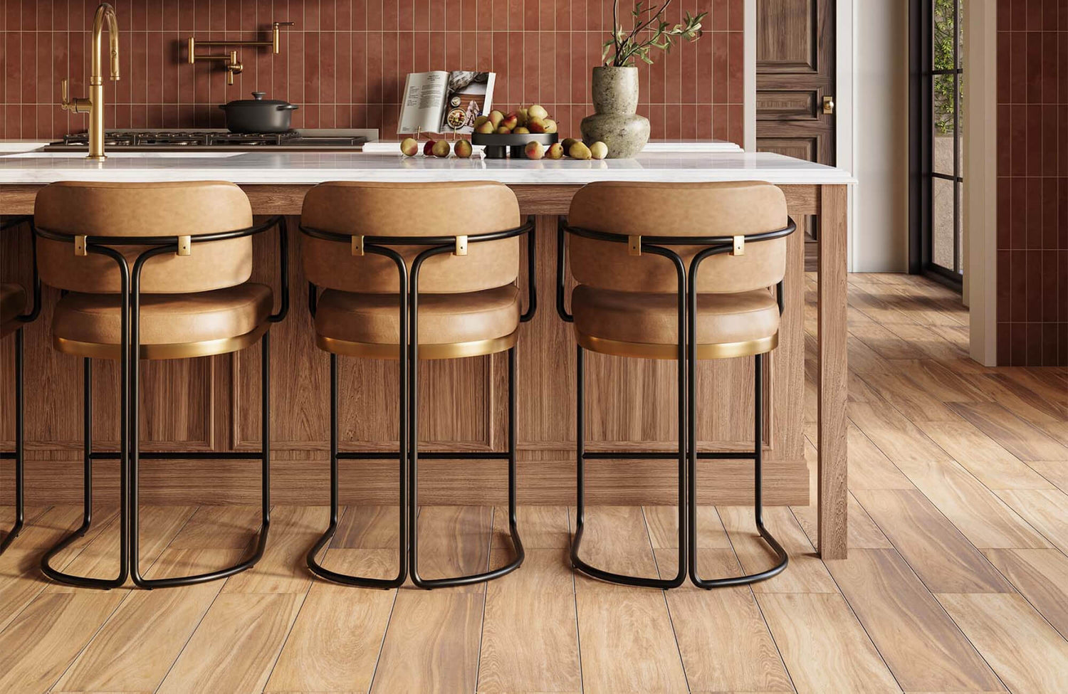 Modern kitchen with realistic warm-toned wood look tile flooring installed in long planks, showcasing realistic grain variation and a natural hardwood appearance.