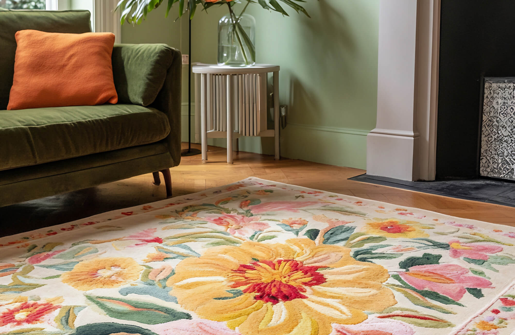 Living room with a green sofa, orange cushion, and a floral wool rug featuring large yellow and pink flower patterns.