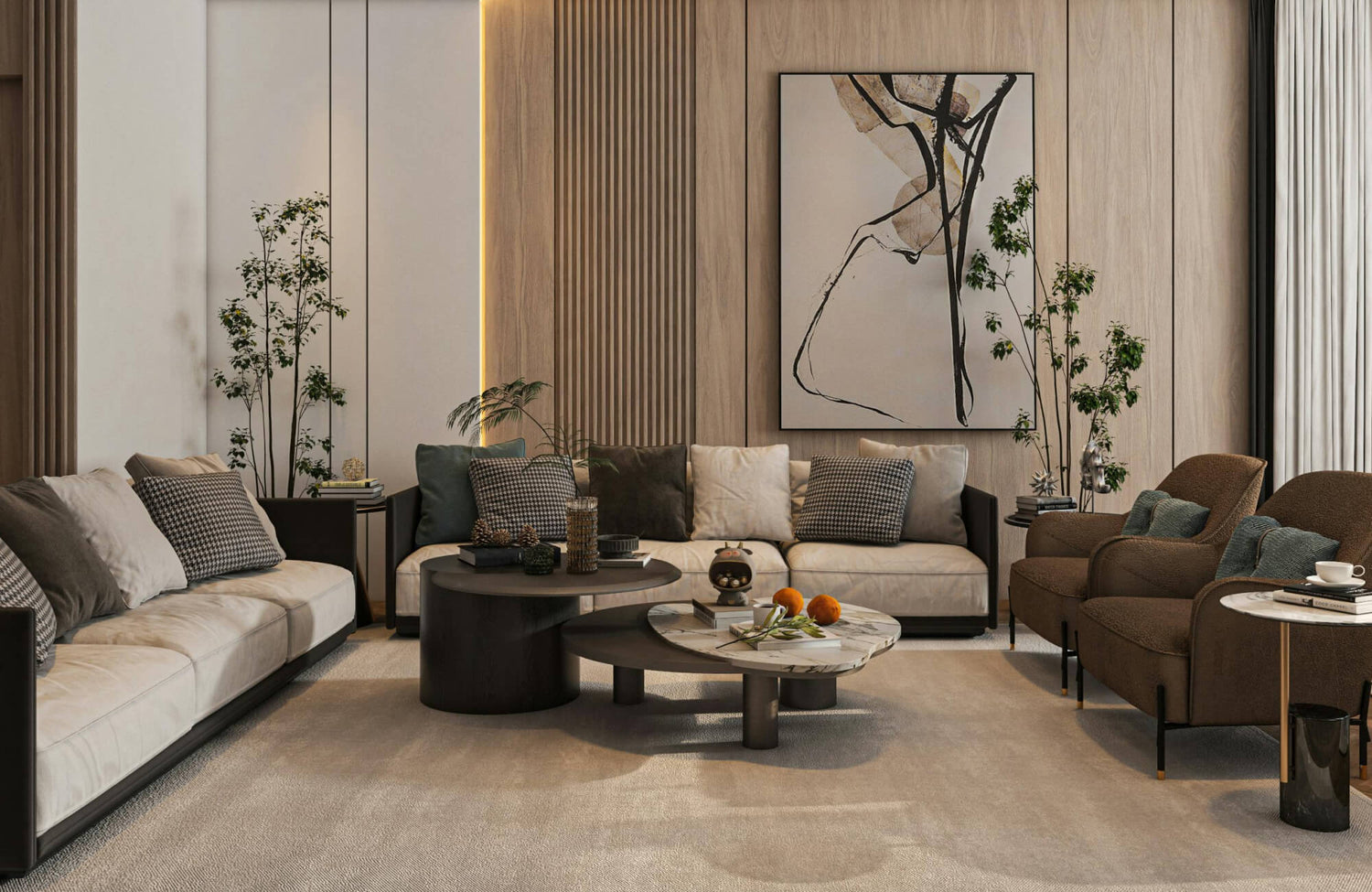 Big vertical wall art centered above a sofa in a modern living room, drawing the eye upward and helping the space feel taller and more open