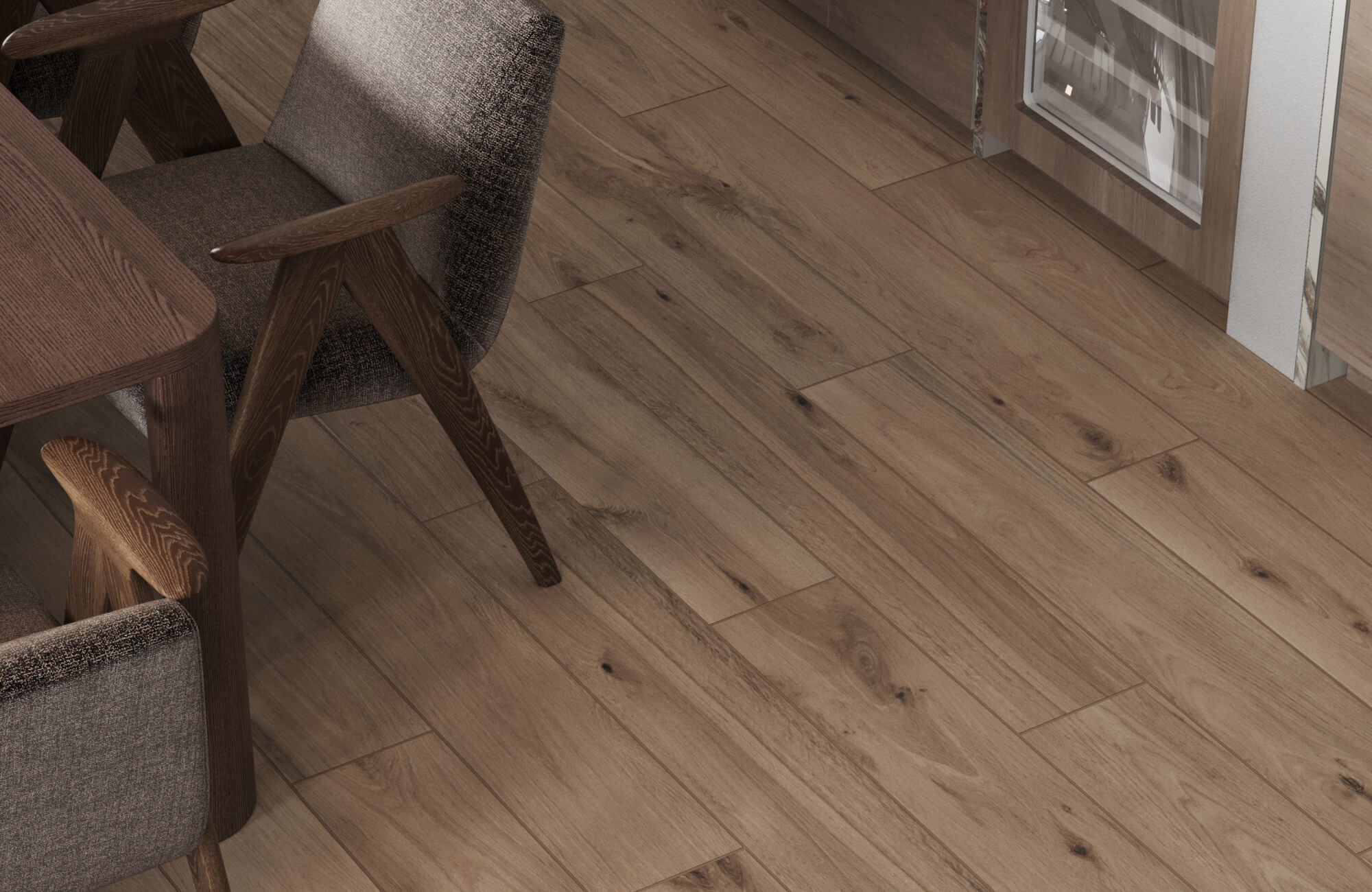 Close-up of wood look porcelain floor tiles with realistic grain, paired with dark wood furniture and textured chairs.