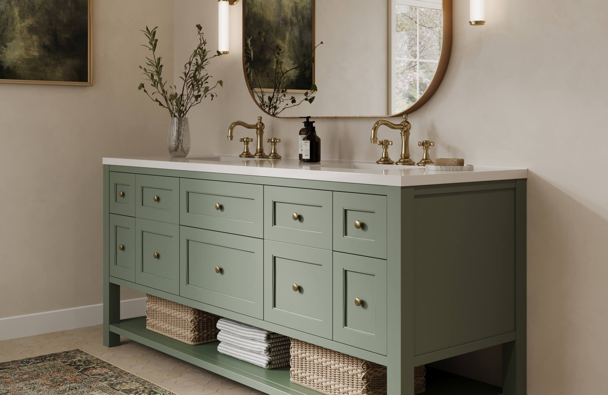 Stylish bathroom with a sage green double sink vanity, white quartz countertop, brass fixtures, and sleek wall sconces providing warm ambient lighting.
