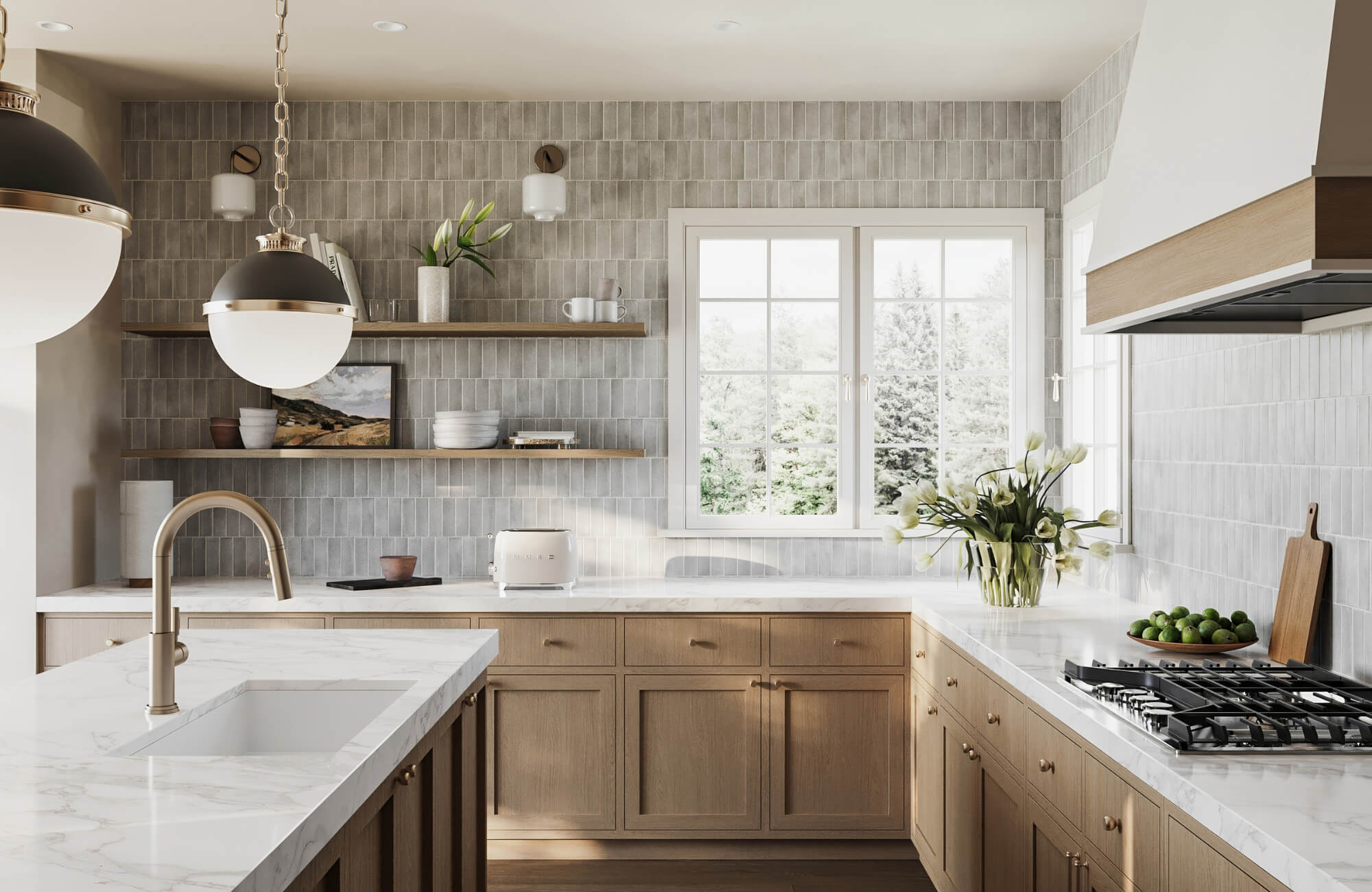 Modern kitchen with vertical gray subway tile backsplash, wood cabinetry, marble countertops, and natural light from large windows.