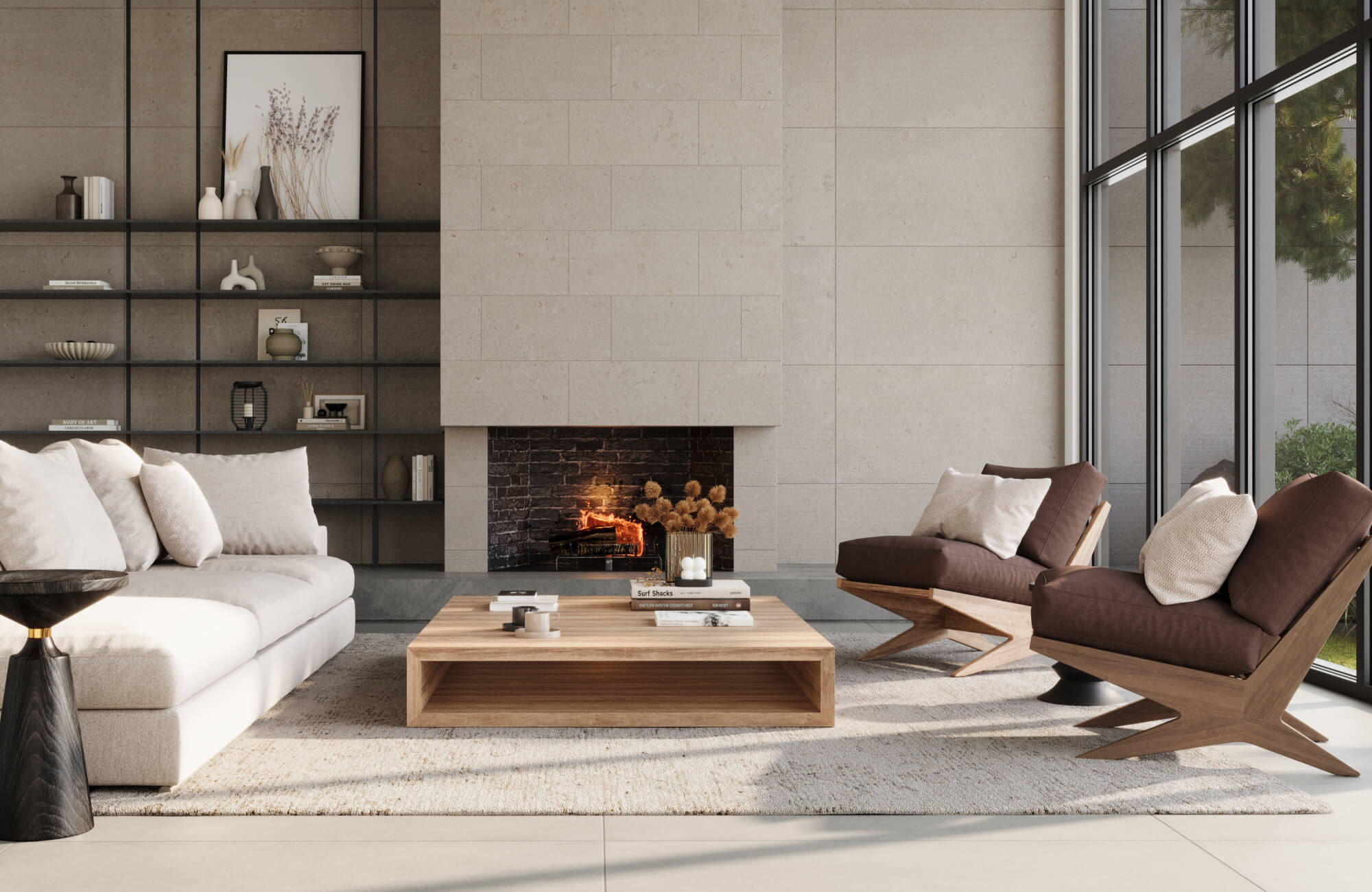 Modern living room with neutral sofa and chairs anchored by a large textured area rug, centered around a wooden coffee table and fireplace.