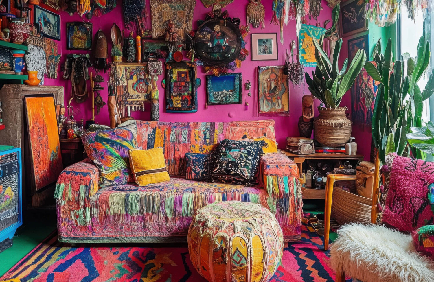 Eclectic maximalist living room with layered textures, vibrant patterns, colorful wall art, and a bold area rug, creating a rich and expressive interior.