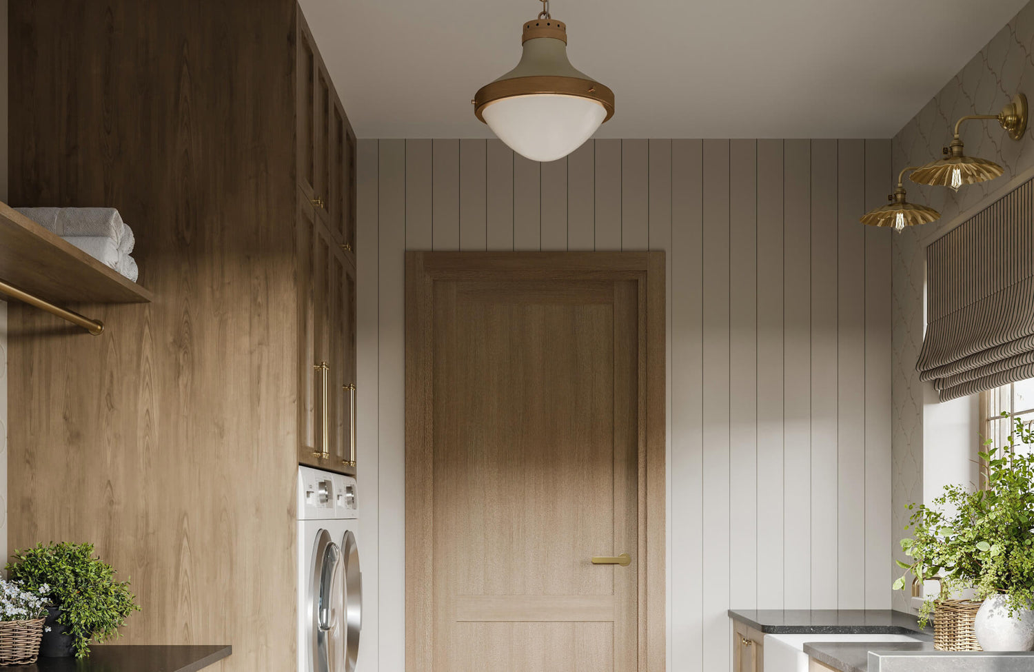 Compact utility room featuring light wood textures, vertical wall paneling, and layered lighting from pendant and wall sconces to create an airy atmosphere.