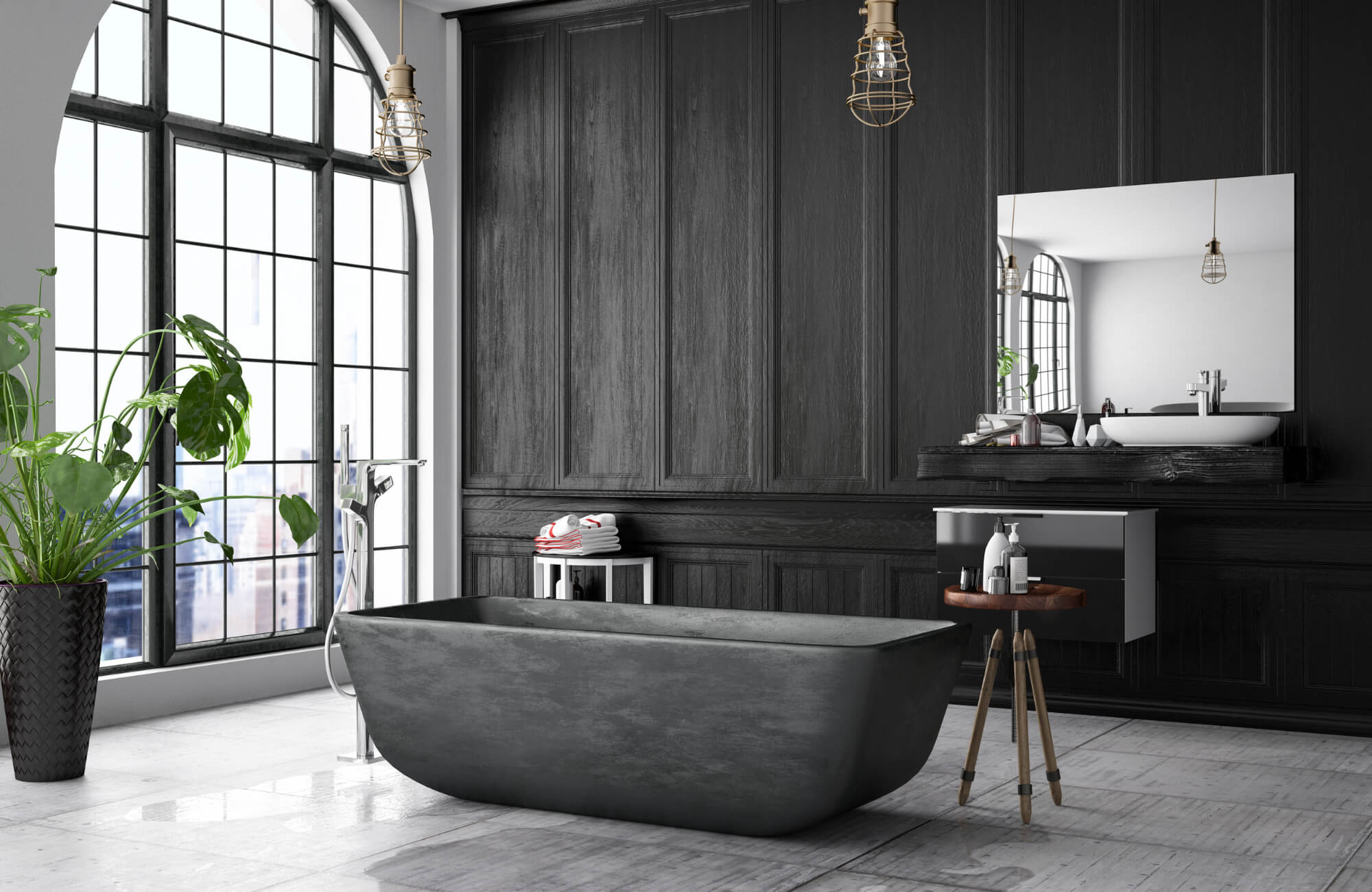 Modern bathroom with a freestanding stone tub, large window, black paneled walls, and a wall-mounted mirror above the vanity.