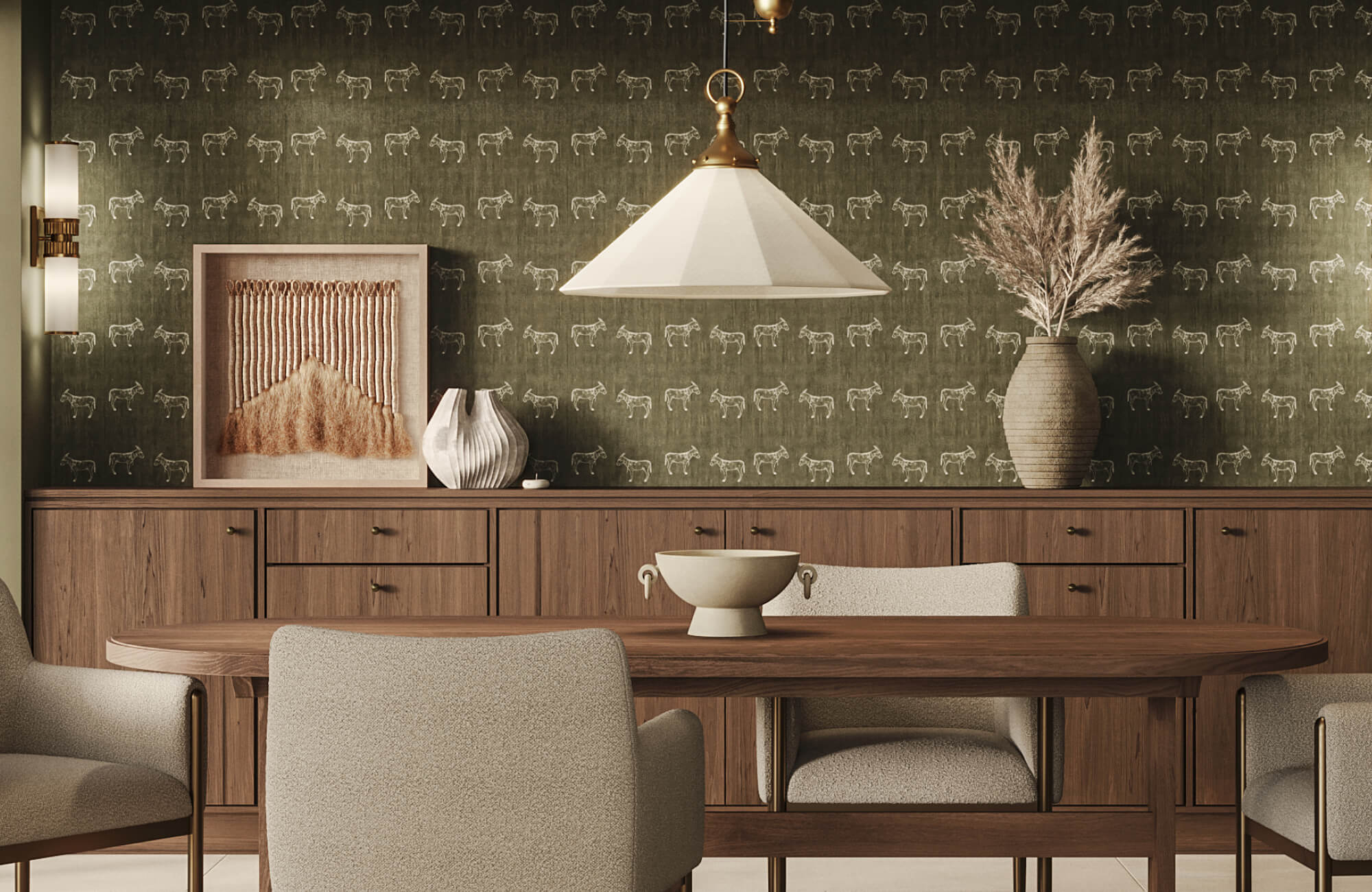 Contemporary dining room with horse-pattern wallpaper, wood sideboard, oval dining table, upholstered chairs, pendant light, and textured wall art.