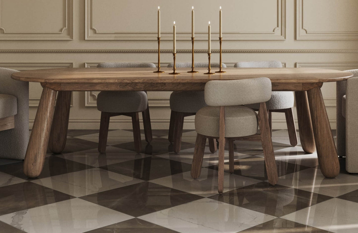 Marble-look checkerboard floor tiles in warm brown and soft cream bring a classic pattern with a warmer twist, grounding this dining room with depth and elegant contrast.