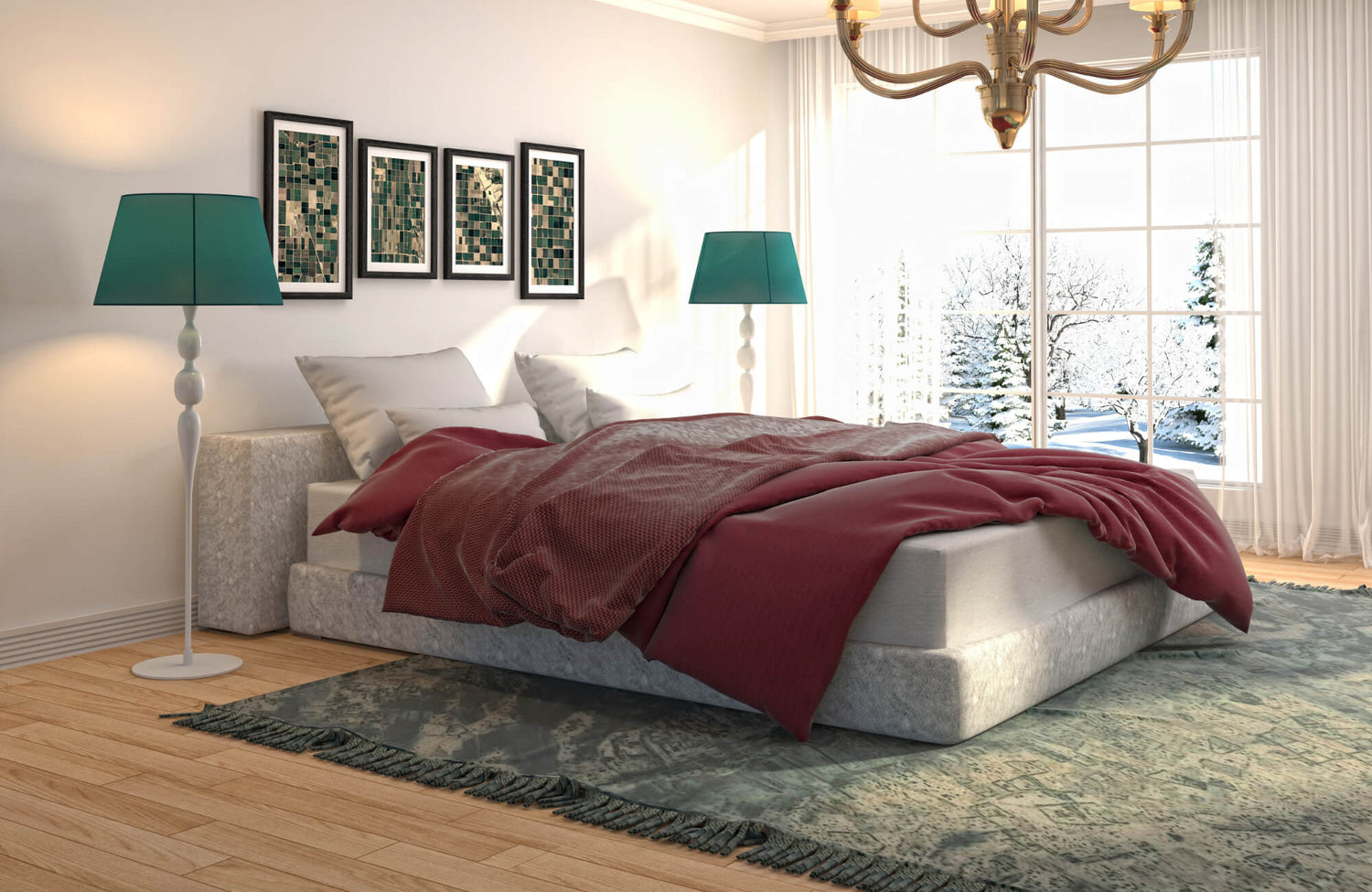 Modern bedroom with a textured green rug, upholstered bed, burgundy bedding, teal lamps, and a large window overlooking snowy trees.
