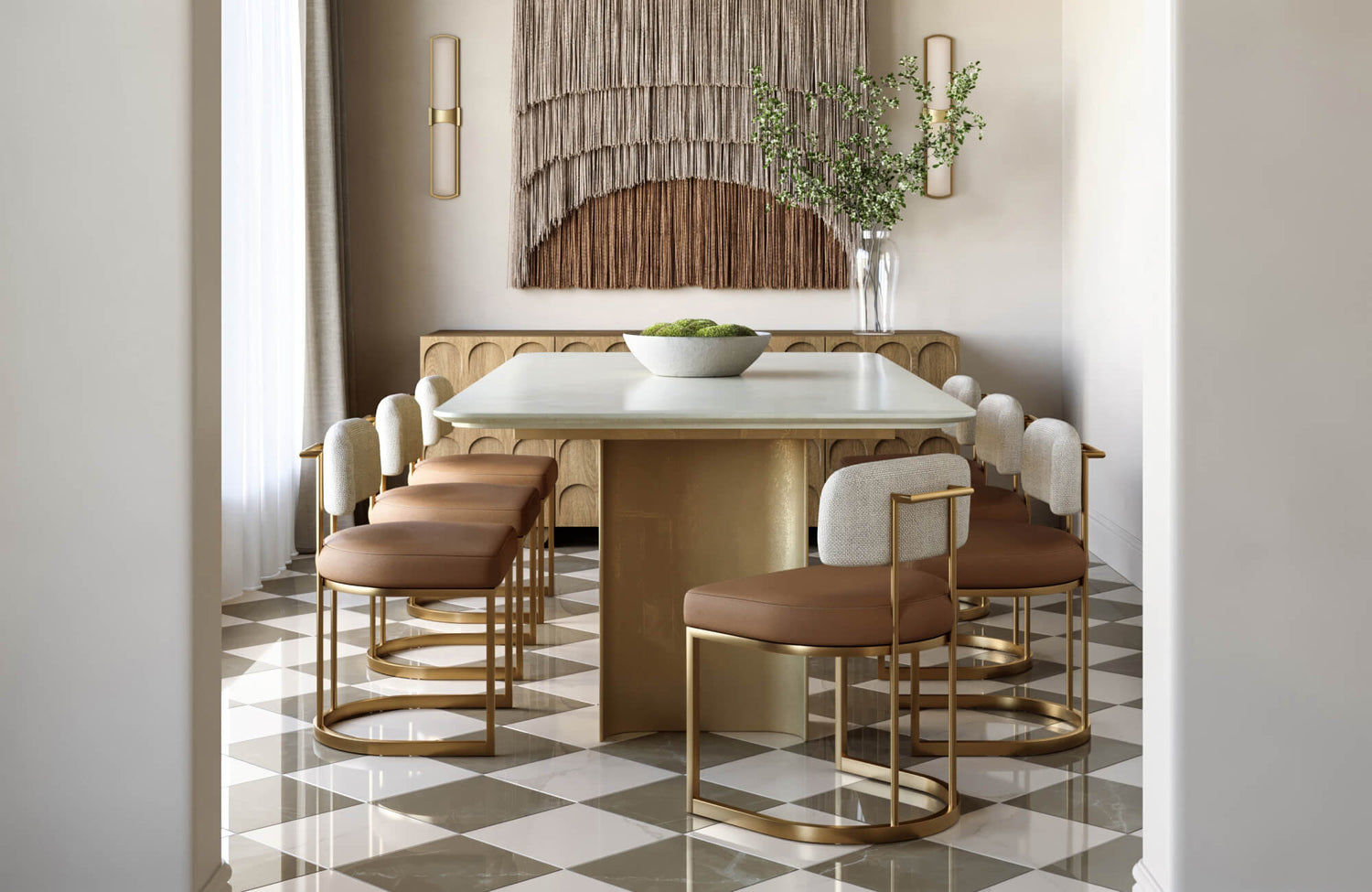Glossy beige and white checkerboard tiles ground a luxe dining room with gold accents and warm neutral tones