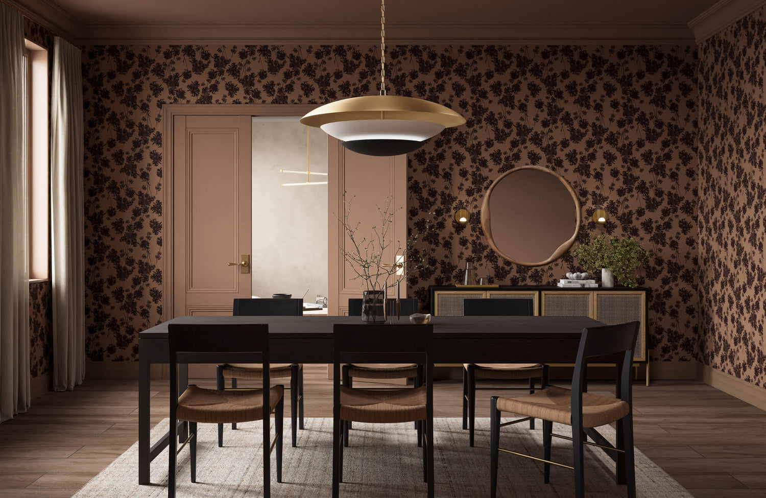 Moody dining room with dark, floral patterned wallpaper and warm wood-look floor tiles.