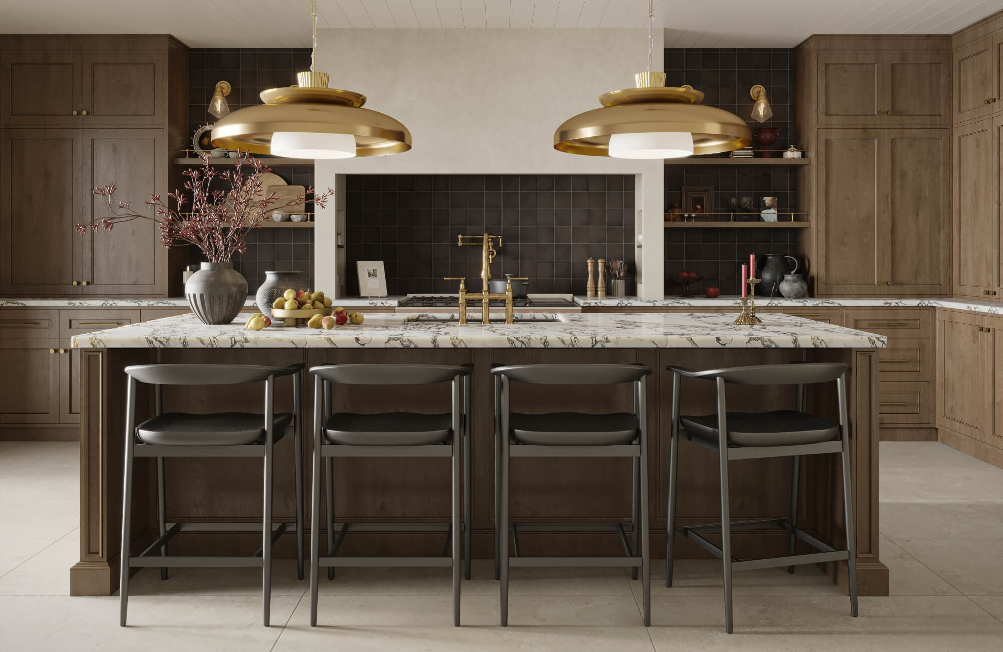 Elegant kitchen featuring warm wood cabinetry, a striking marble island, modern black counter stools, brass fixtures, and sculptural gold pendant lights.