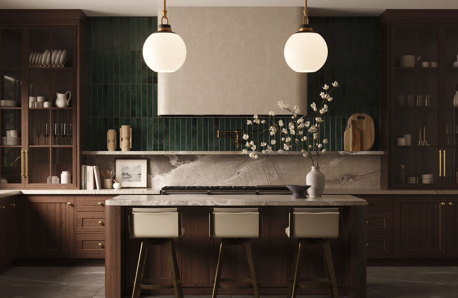 Moody modern kitchen with dark green vertical subway tile, walnut cabinets, marble counters with bar stools, brass accents, and globe pendant lights.