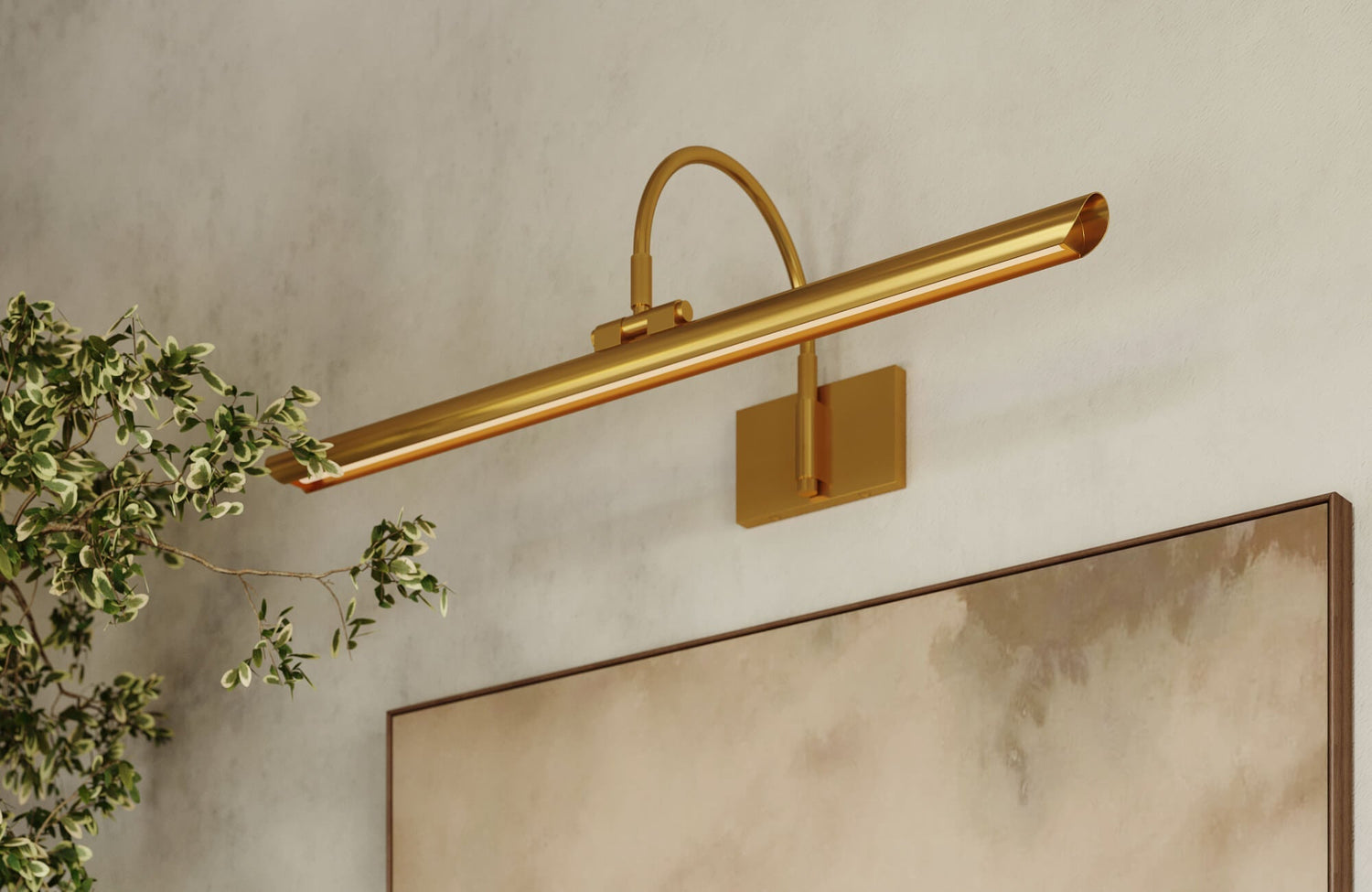 Brass picture light mounted above wall art, highlighting a soft neutral painting and adding a touch of elegance.