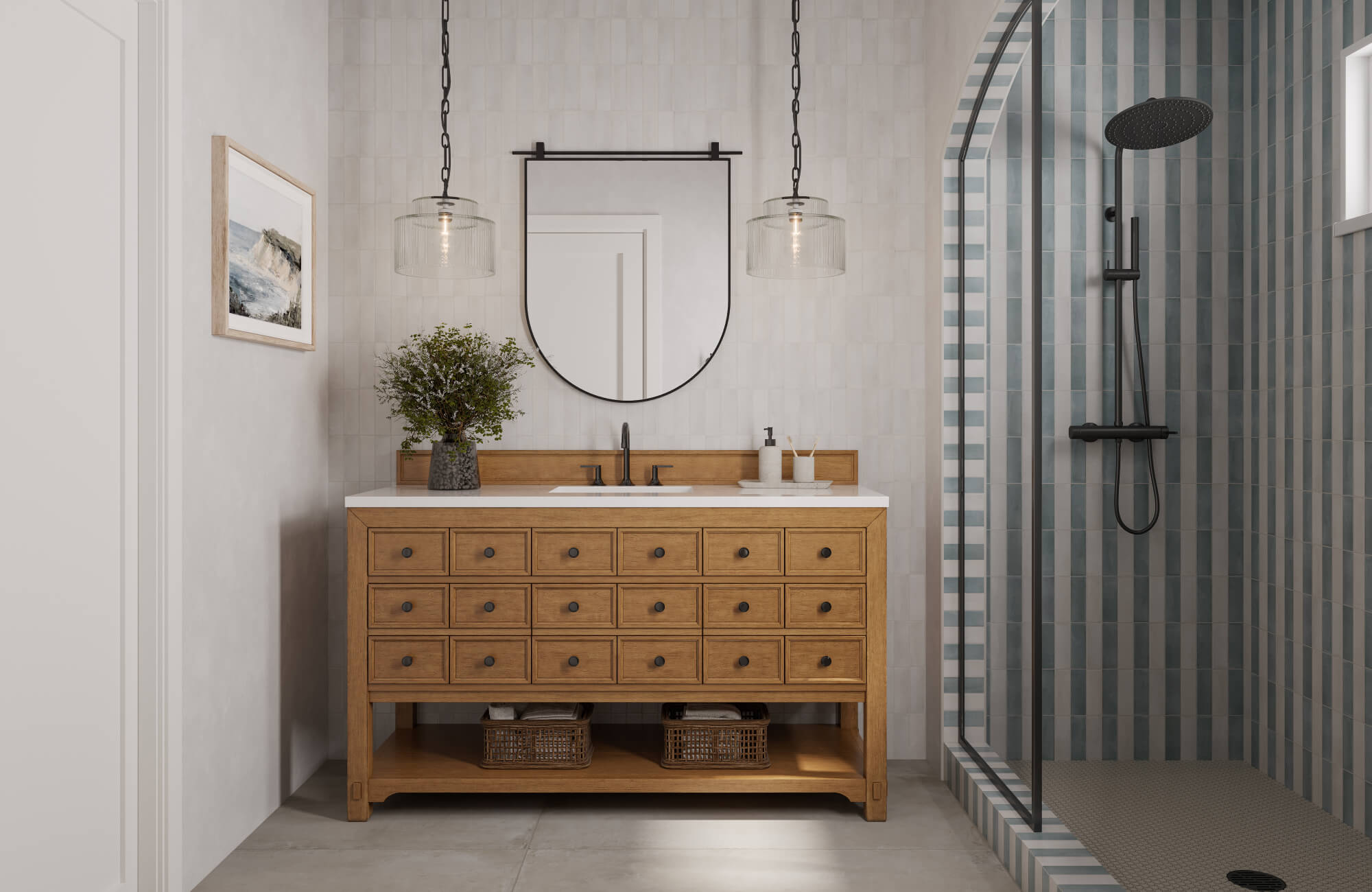 Modern bathroom with a natural wood vanity, white tile backsplash, arched mirror, and a walk-in shower featuring vertical blue striped tiles.