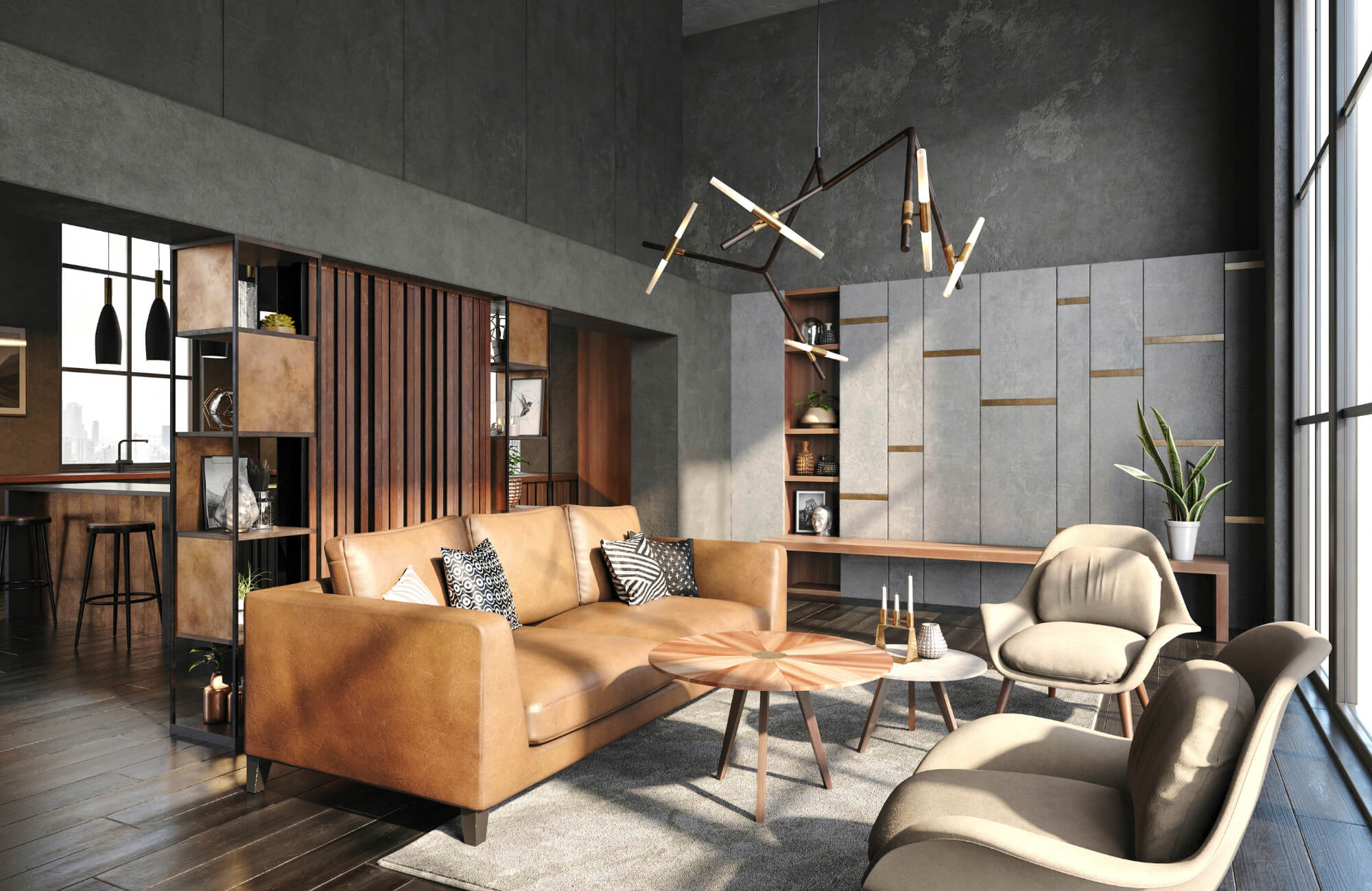 Contemporary living room with dark wood look tile flooring, tan leather sofa, modern lighting, and floor-to-ceiling windows for natural light.