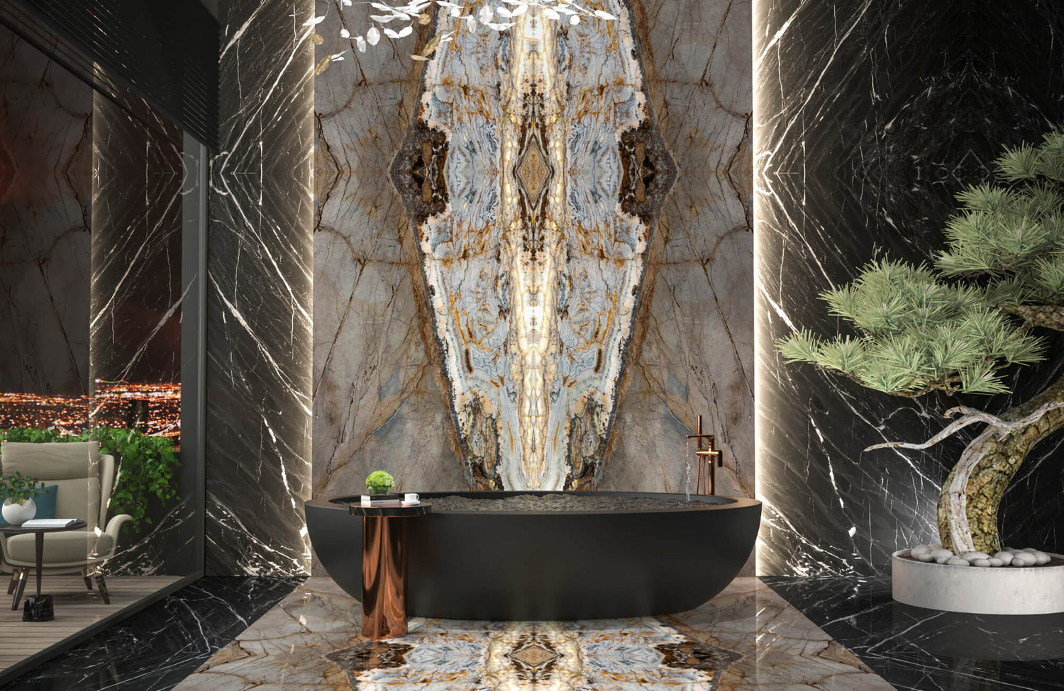 A luxurious bathroom featuring a striking bookmatched marble accent wall, a black freestanding tub, and elegant ambient lighting.