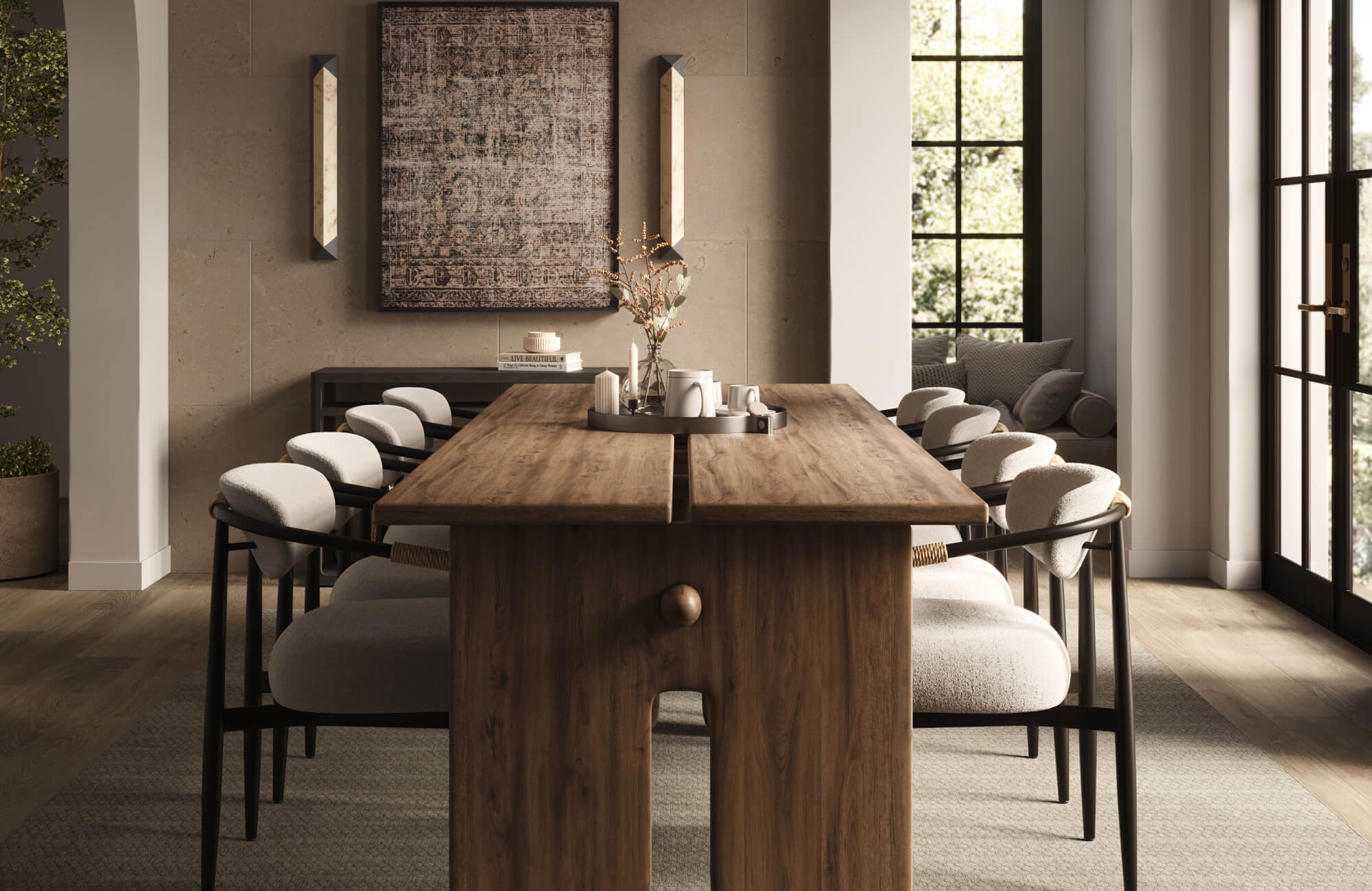 Warm-toned modern dining room with textured beige wall tiles, soft boucle chairs, and a rustic wood table centerpiece.