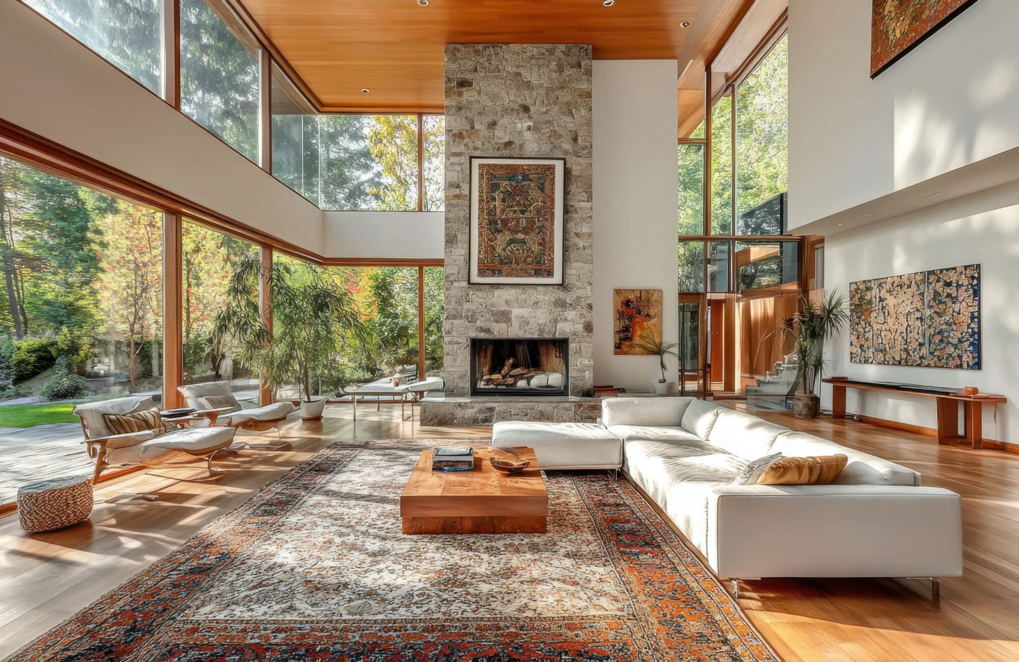 Spacious living room with large windows, a stone fireplace, modern white sofa, and a patterned 10x14 rug adding warmth and texture.