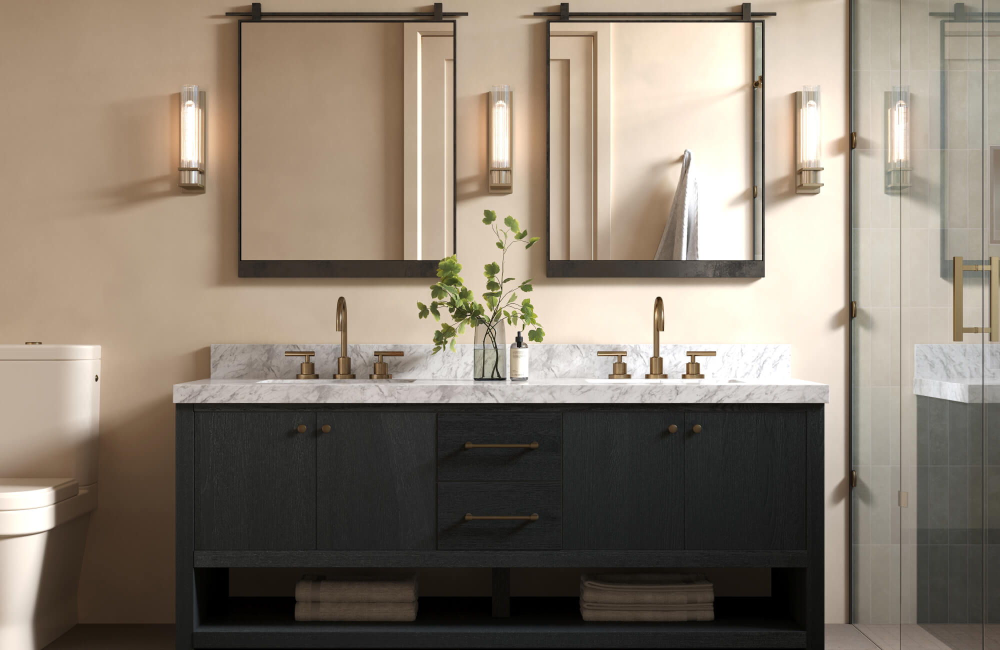 Elegant double sink vanity in deep charcoal wood with marble countertop, brass fixtures, and matching framed mirrors.