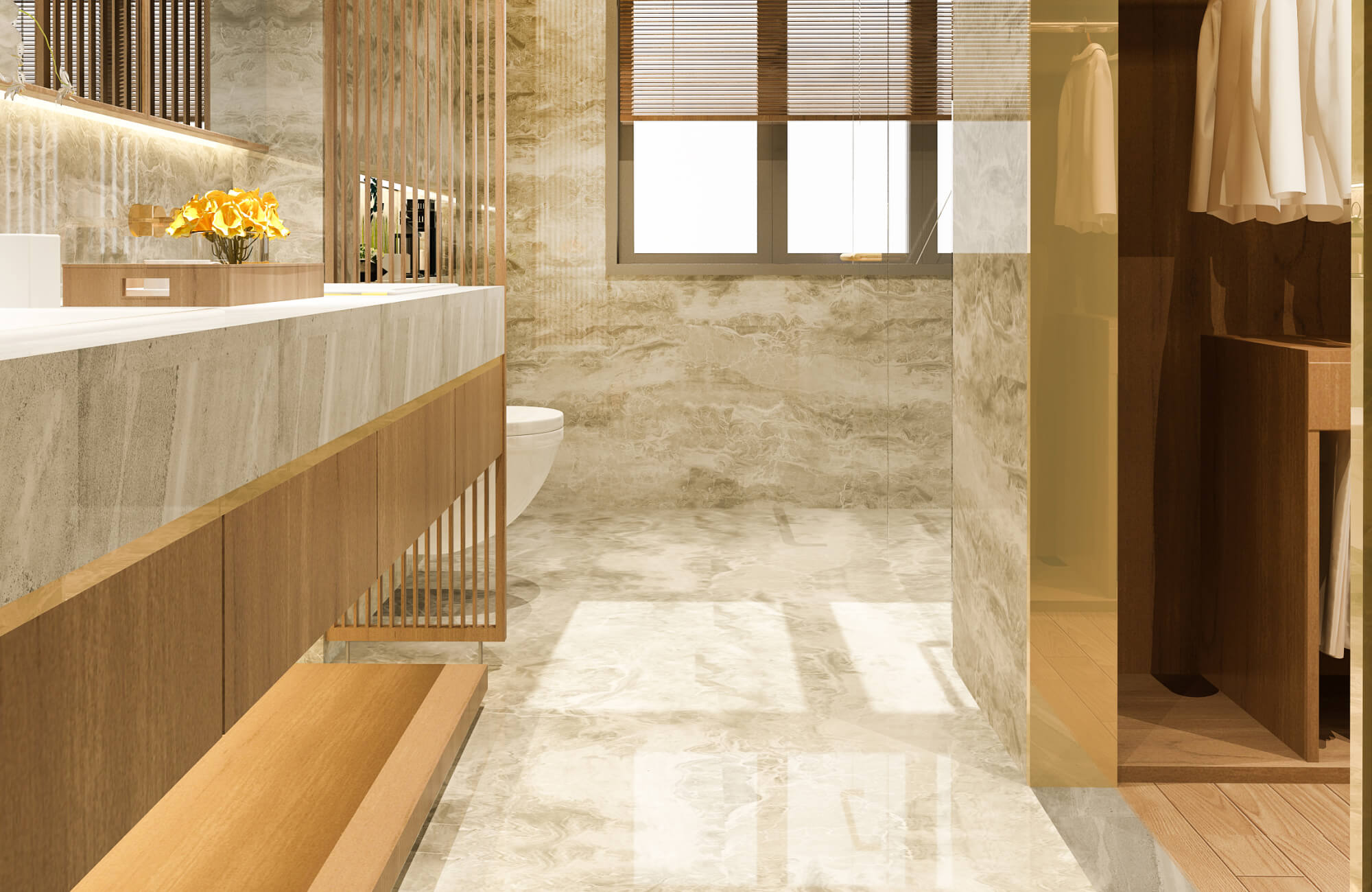 Luxurious bathroom with glossy marble tiles, warm wood accents, and a seamless transition to a walk-in closet.