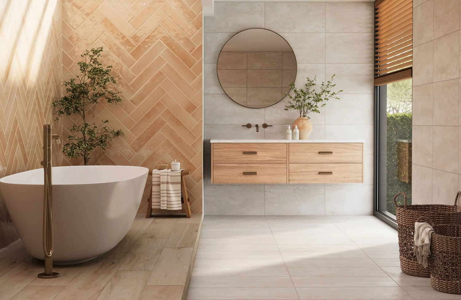 Glossy terracotta herringbone subway tiles and pale stone walls create a serene, modern bathroom with warm wood accents.