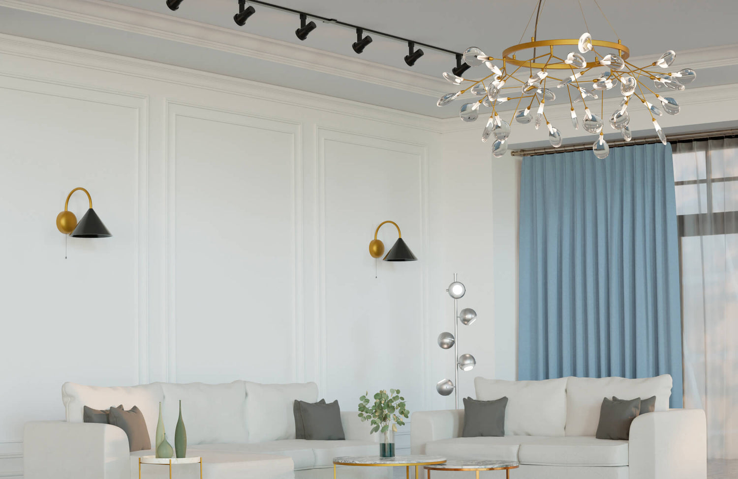Modern living room featuring a gold branch-style chandelier with crystal droplet accents, adding a touch of elegance and sparkle above a minimalist white seating area with blue drapery and gold-accented decor.