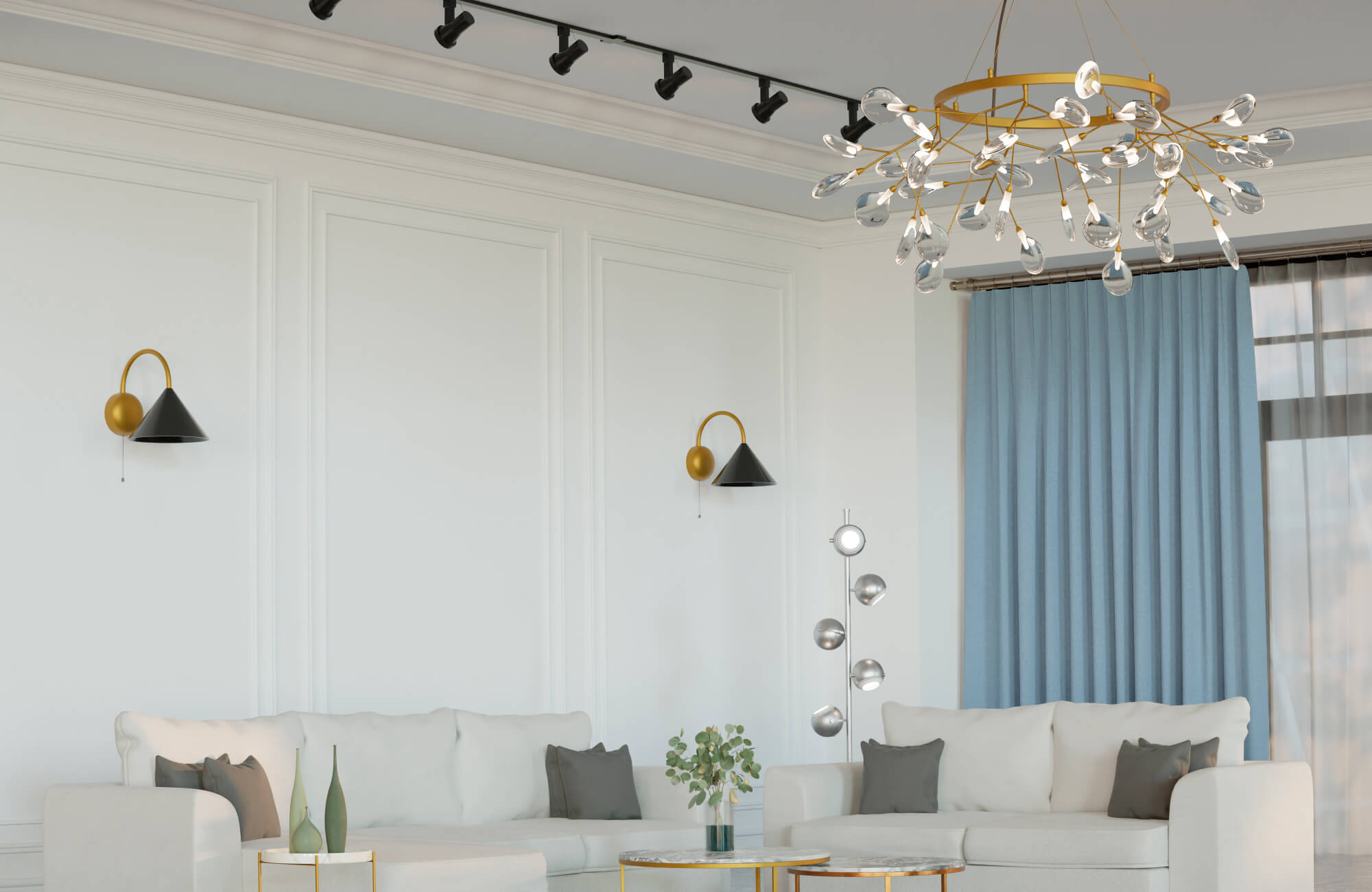 Modern living room featuring a gold branch-style chandelier with crystal droplet accents, adding a touch of elegance and sparkle above a minimalist white seating area with blue drapery and gold-accented decor.