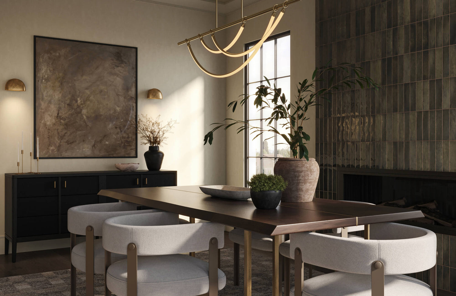 Wall art featuring a large abstract canvas in earthy brown tones displayed above a sleek black sideboard, enhancing a modern dining room with warm lighting, sculptural decor, and a dramatic tiled fireplace wall.
