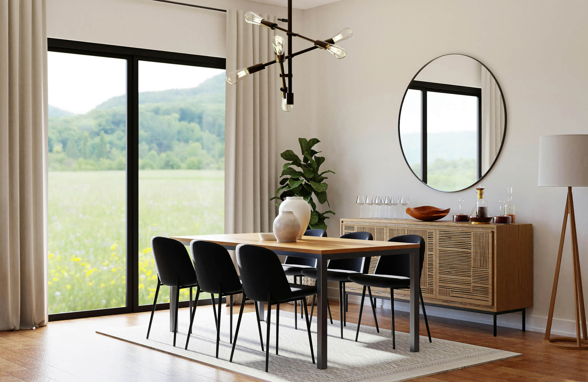 Modern dining room with black sputnik chandelier, minimalist wood table, black chairs, and a round mirror above a slatted sideboard.