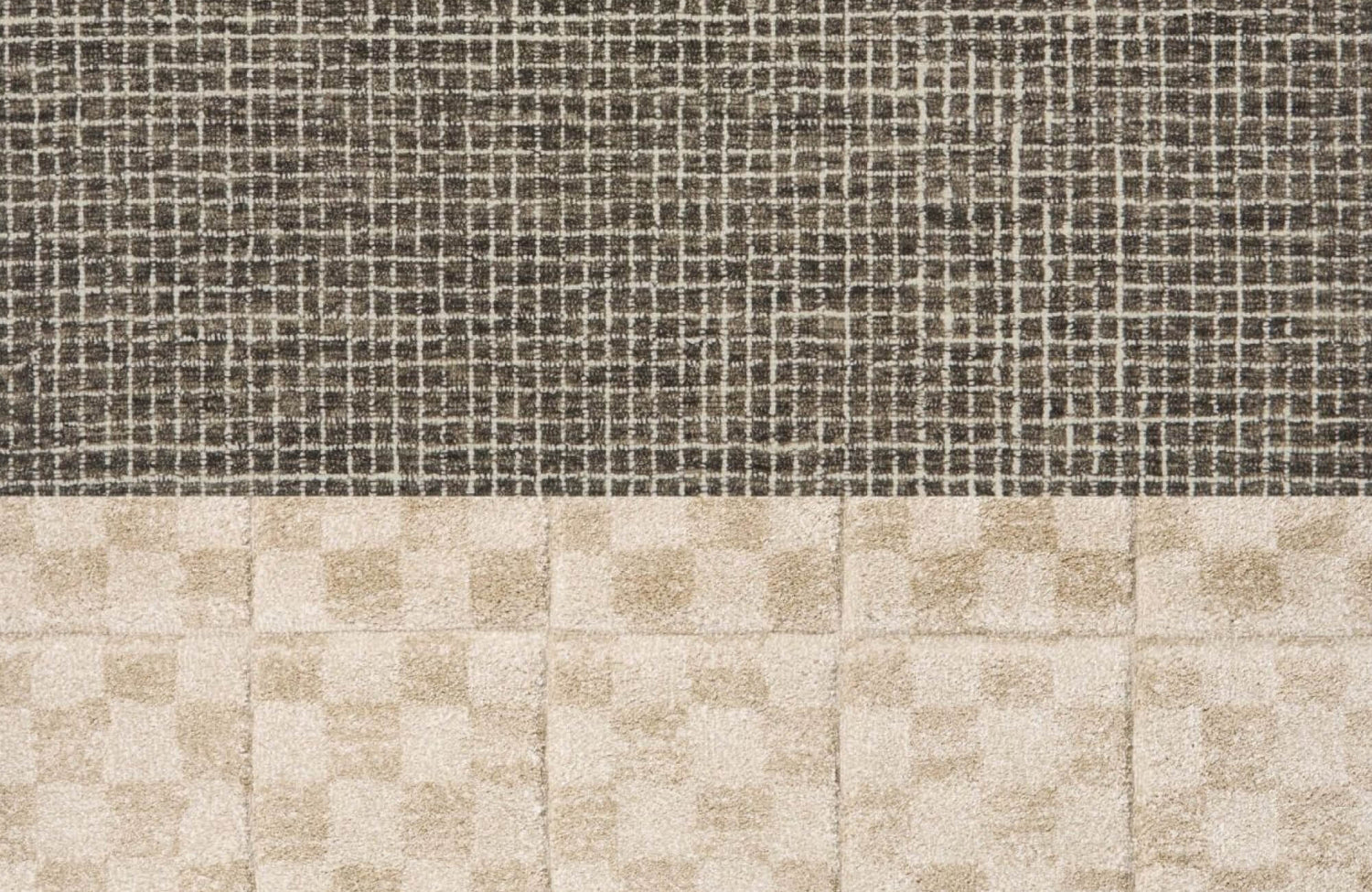 Textured close-up of wool and polypropylene rugs, one with a dark grid pattern and the other with a beige checkered design.