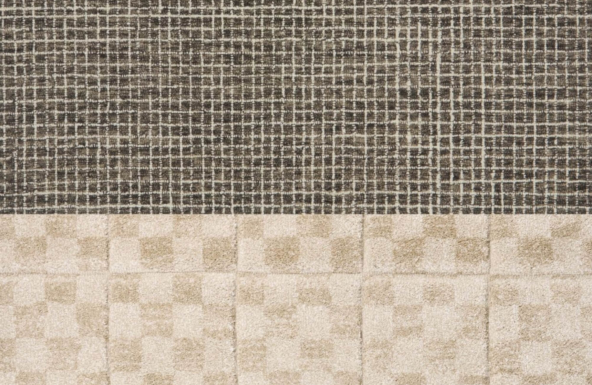 Textured close-up of wool and polypropylene rugs, one with a dark grid pattern and the other with a beige checkered design.