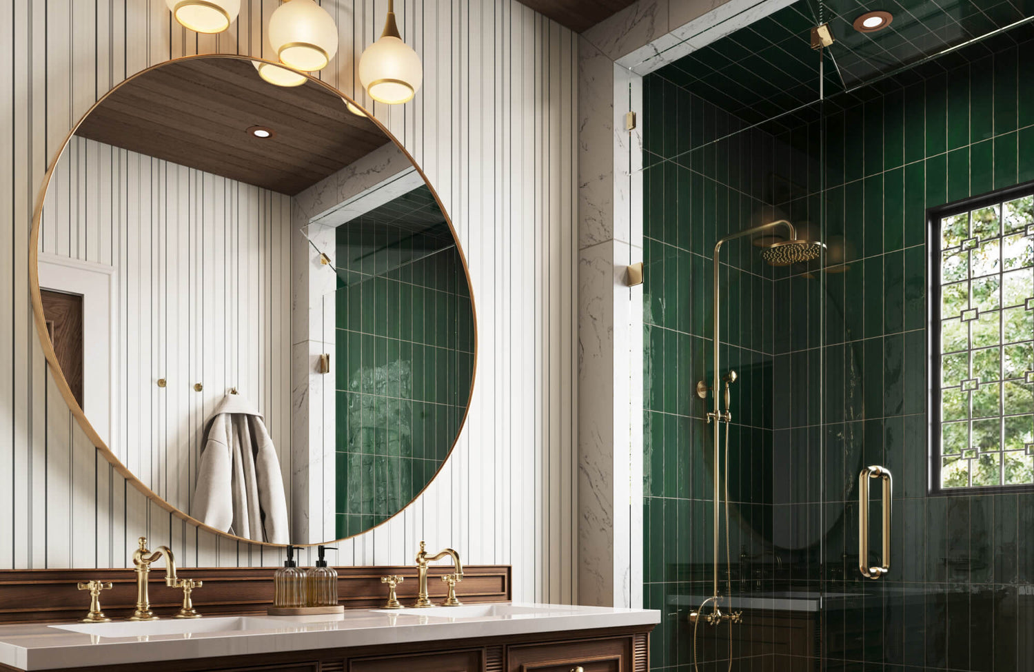 Bathroom with white striped wallpaper and green vertical wall tile in the shower, showing a mix of textures and finishes.