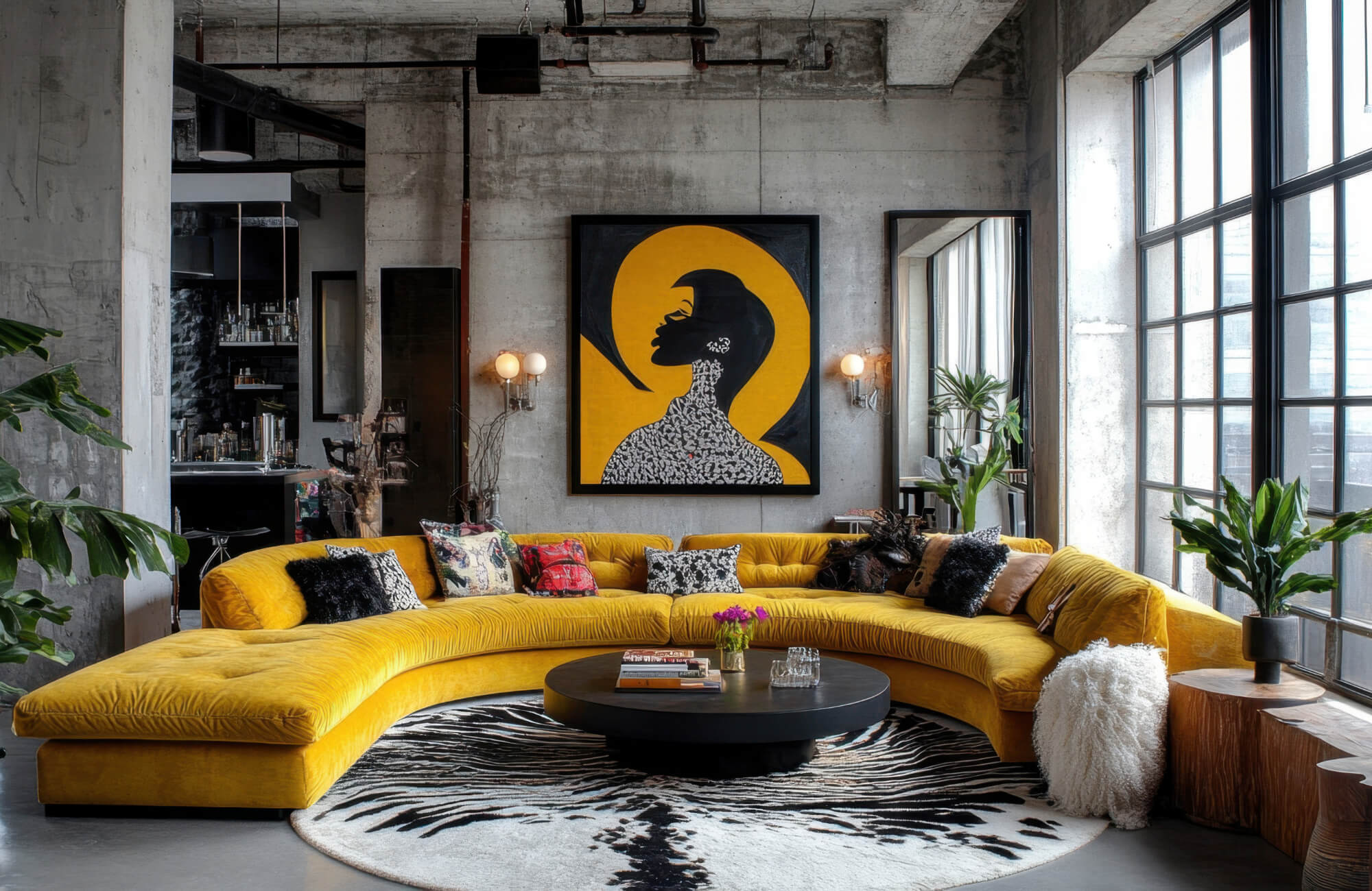 Modern living room with a yellow sectional sofa, bold wall art, round coffee table, and large windows bringing in natural light.