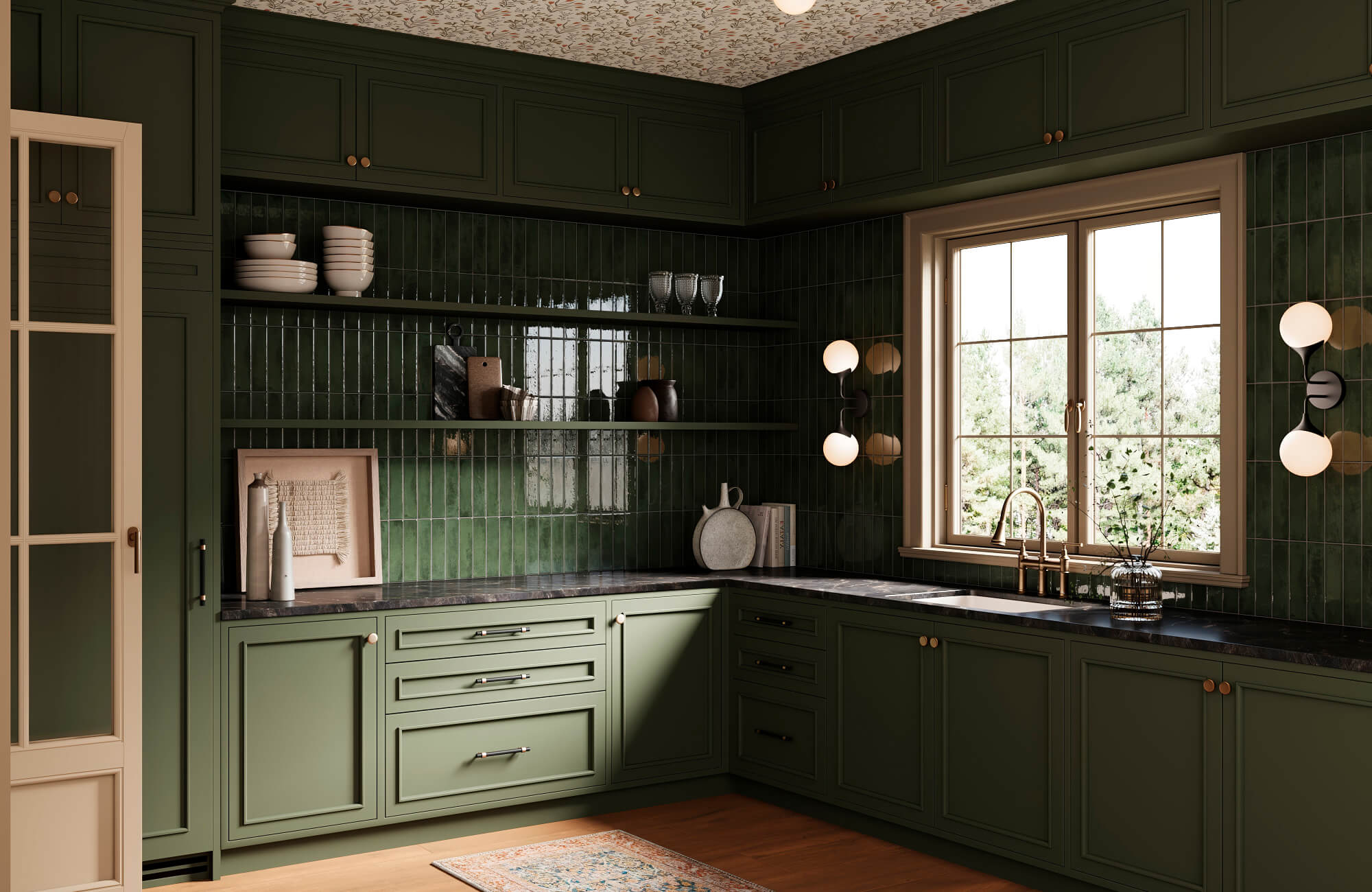 Deep green kitchen cabinetry with glossy vertical subway tile backsplash, dark stone counters, and framed wall art display.