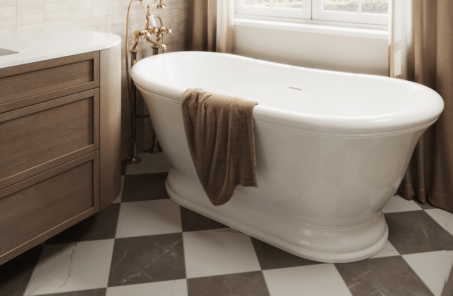 Elegant freestanding white bathtub with a soft brown towel draped over the edge, set on a checkered marble floor.