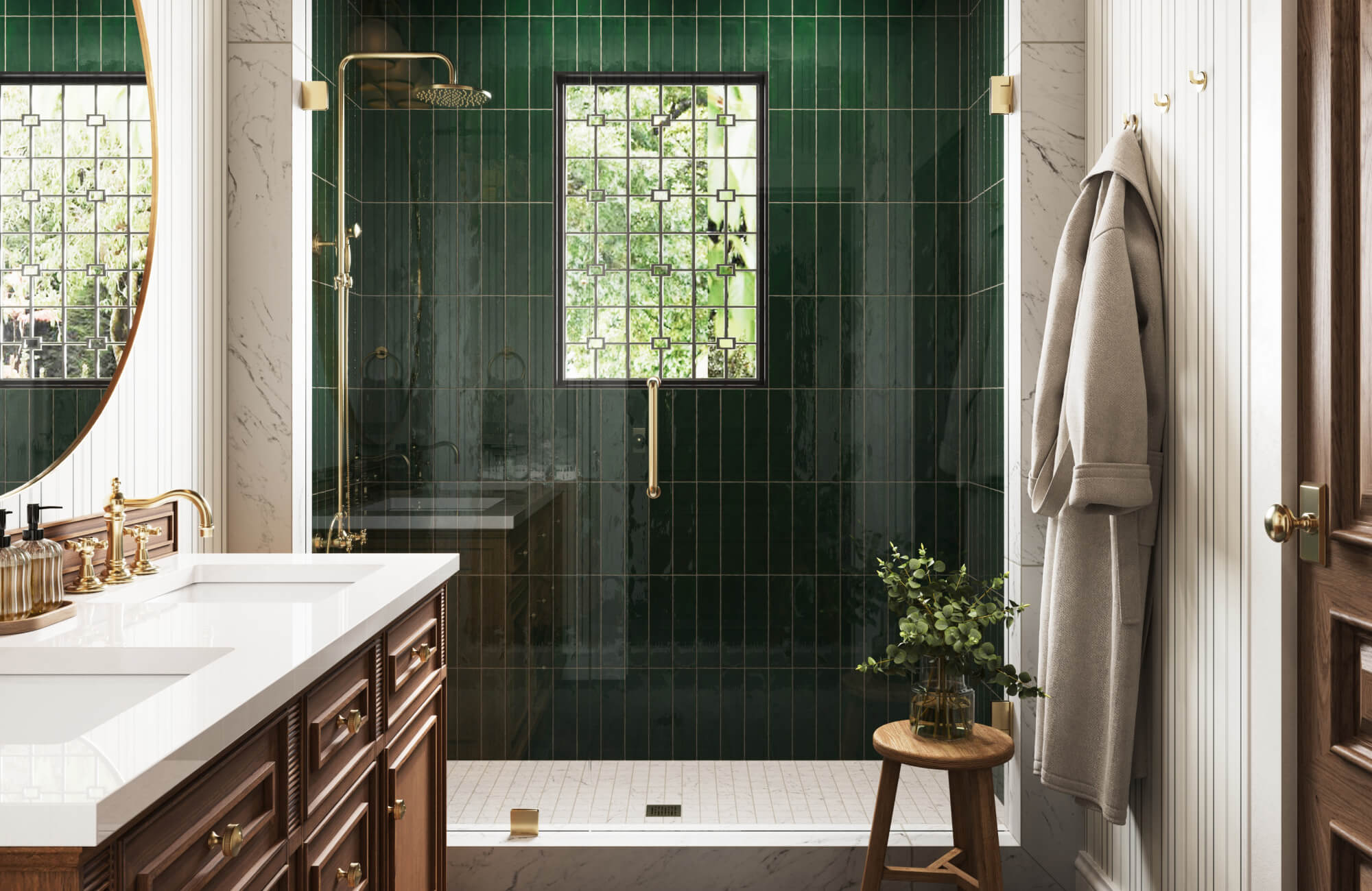 Deep green glossy subway tile lines the shower walls, reflecting light for a rich, polished finish.