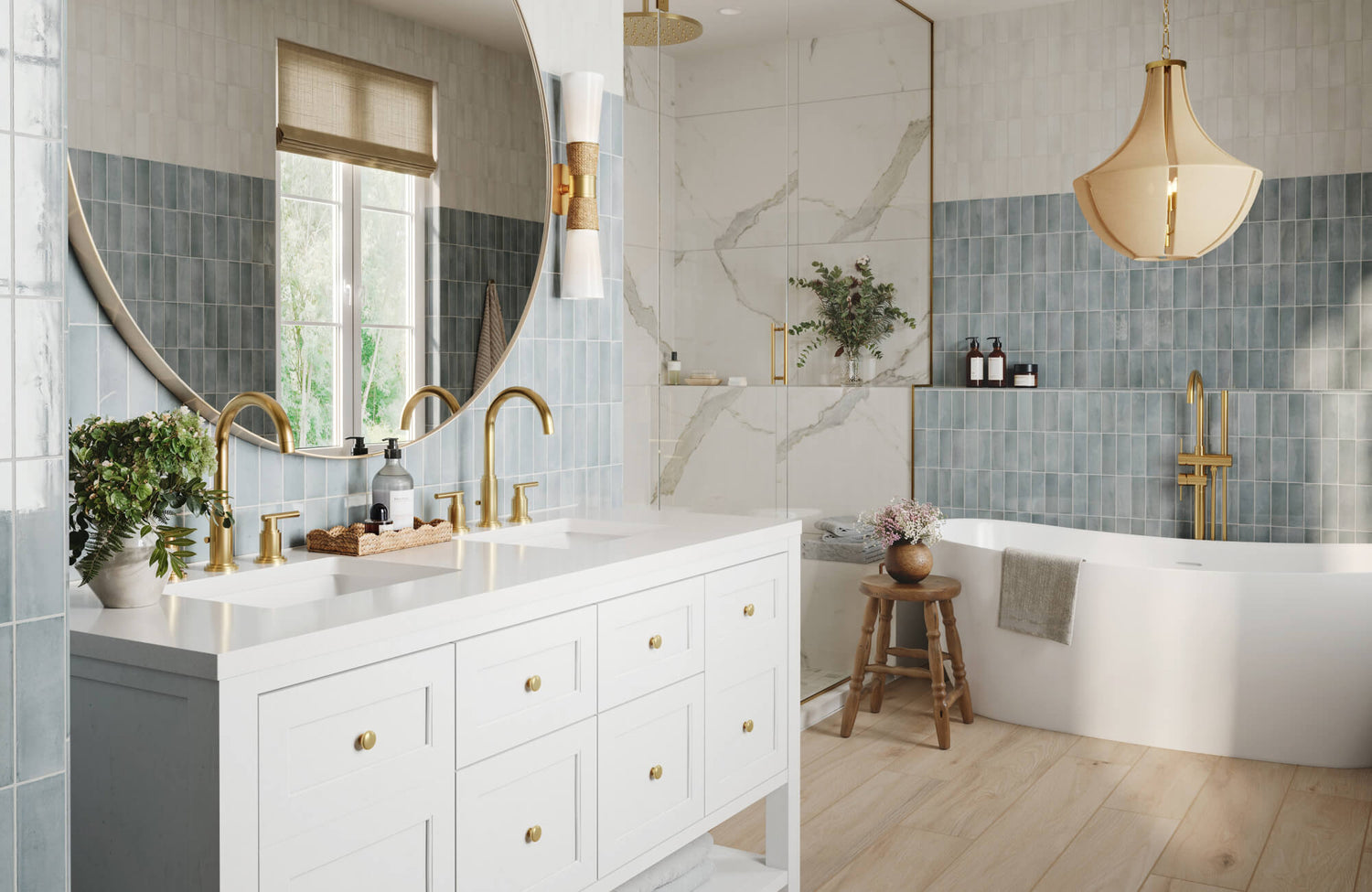 Spa-like bathroom with soft blue zellige tiles, white vanity, gold fixtures, sculptural pendant light, and modern white-and-gold sconces.