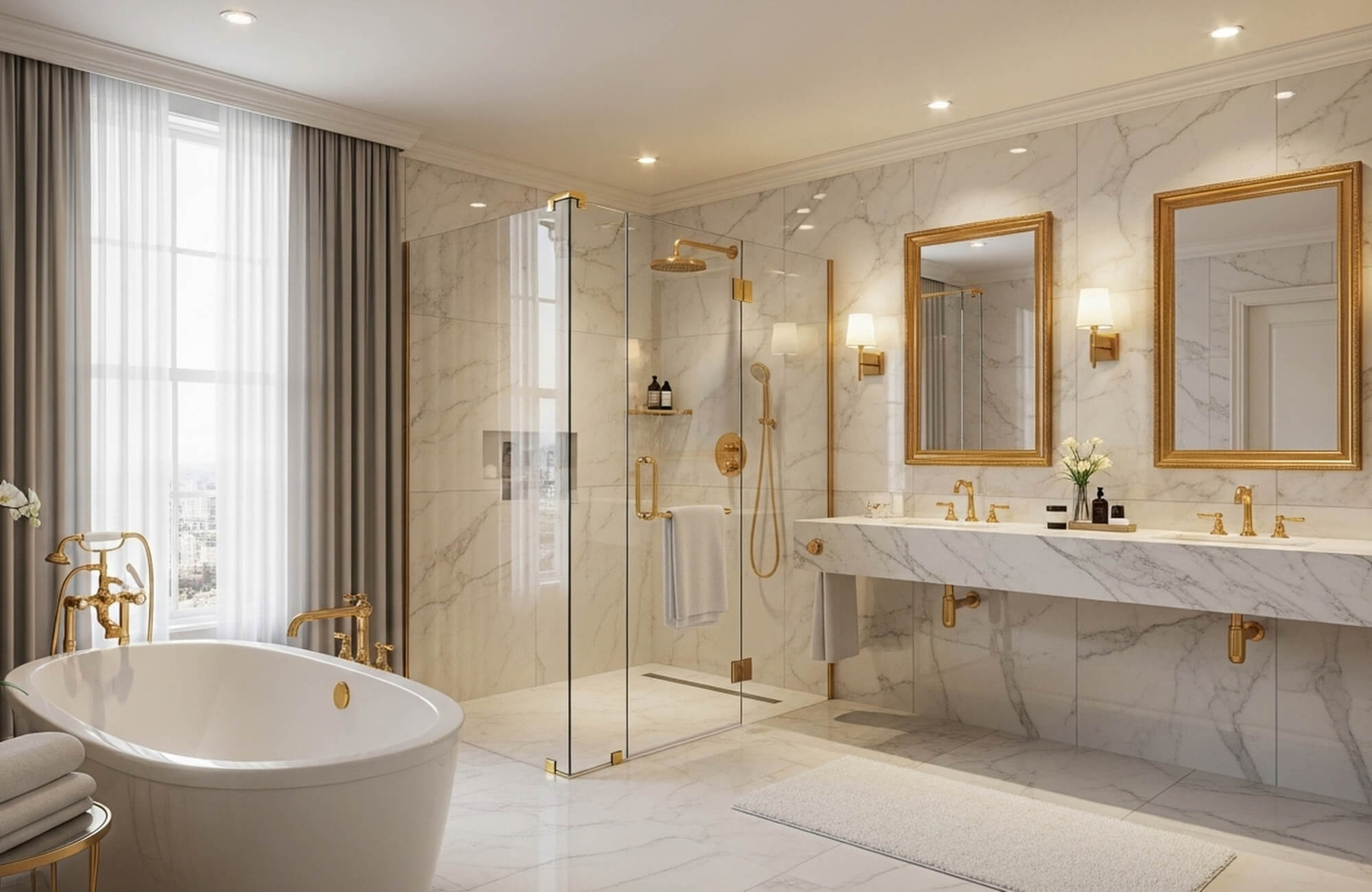 Luxurious marble bathroom with gold fixtures, glass shower, freestanding tub, and wall sconces flanking double mirrors.
